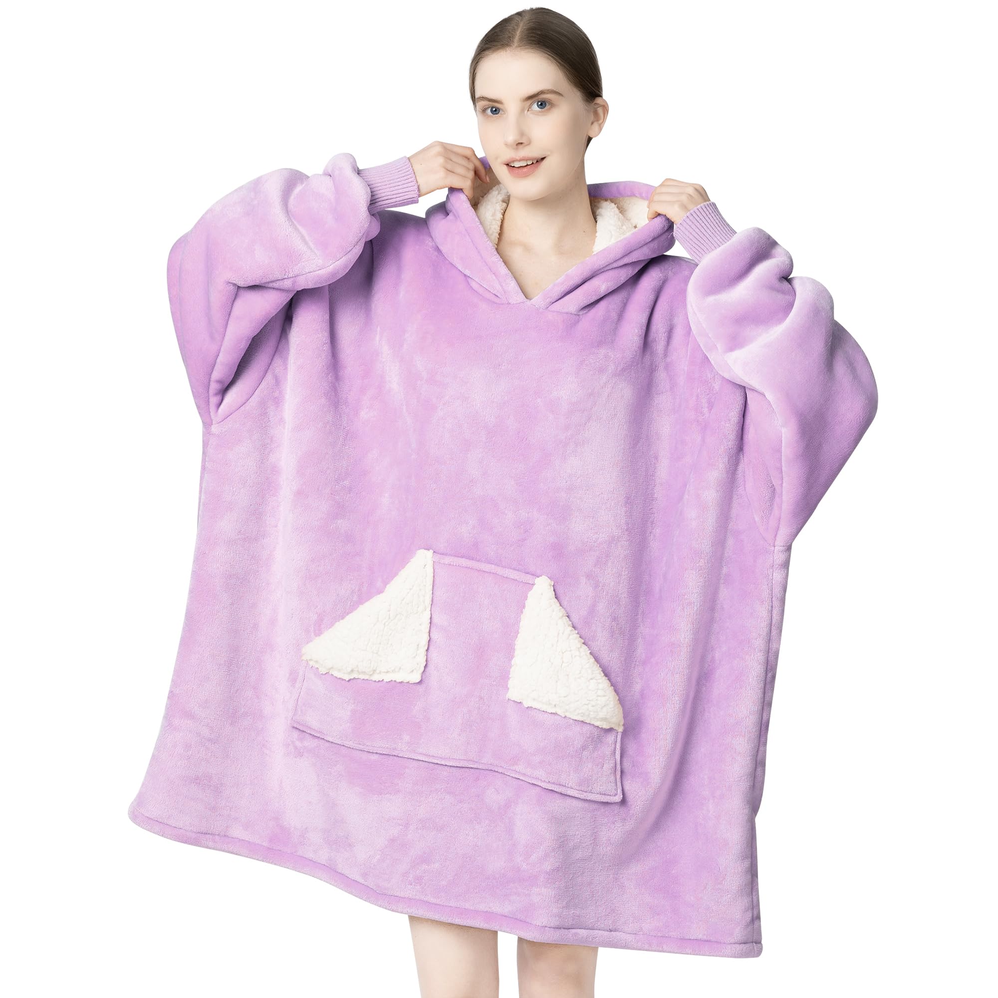 Touchat Wearable Blanket Hoodie, Oversized Sherpa Fleece Sweatshirt Blanket with Giant Hood Pocket and Sleeves for Adult, Warm & Cozy Grey Blanket Gifts for Women