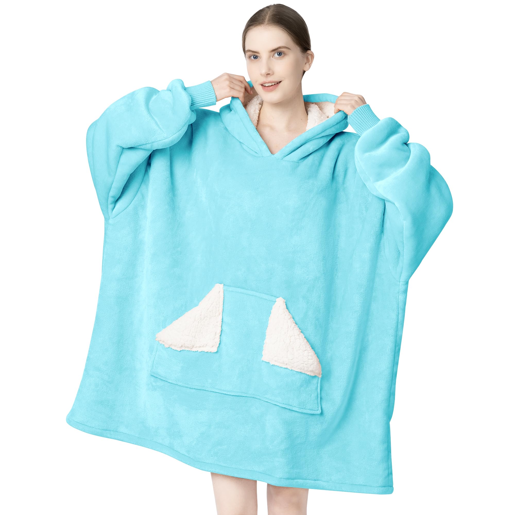 Touchat Wearable Blanket Hoodie, Oversized Sherpa Fleece Sweatshirt Blanket with Giant Hood Pocket and Sleeves for Adult, Warm & Cozy Grey Blanket Gifts for Women