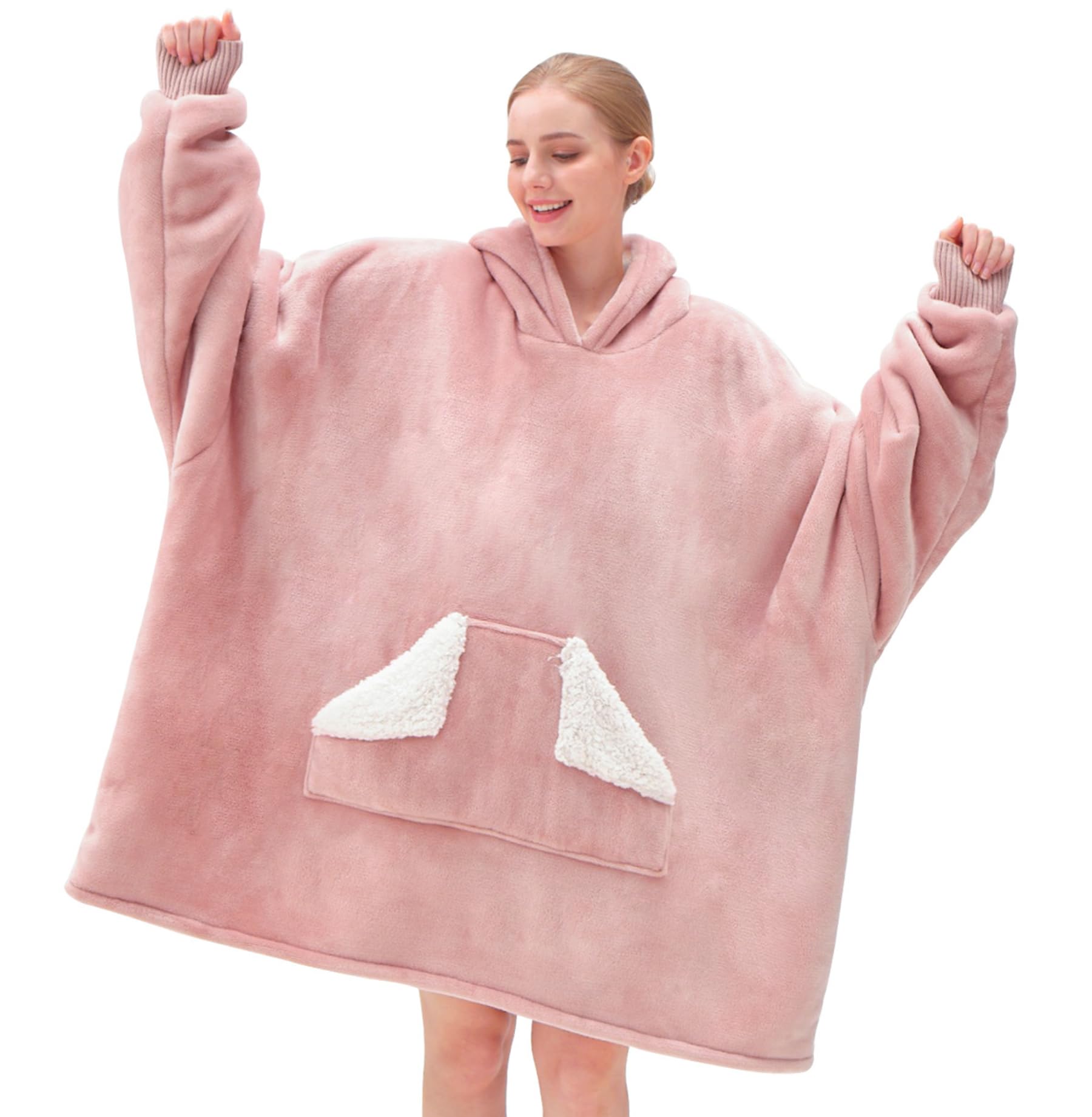Touchat Wearable Blanket Hoodie, Oversized Sherpa Fleece Sweatshirt Blanket with Giant Hood Pocket and Sleeves for Adult, Warm & Cozy Grey Blanket Gifts for Women
