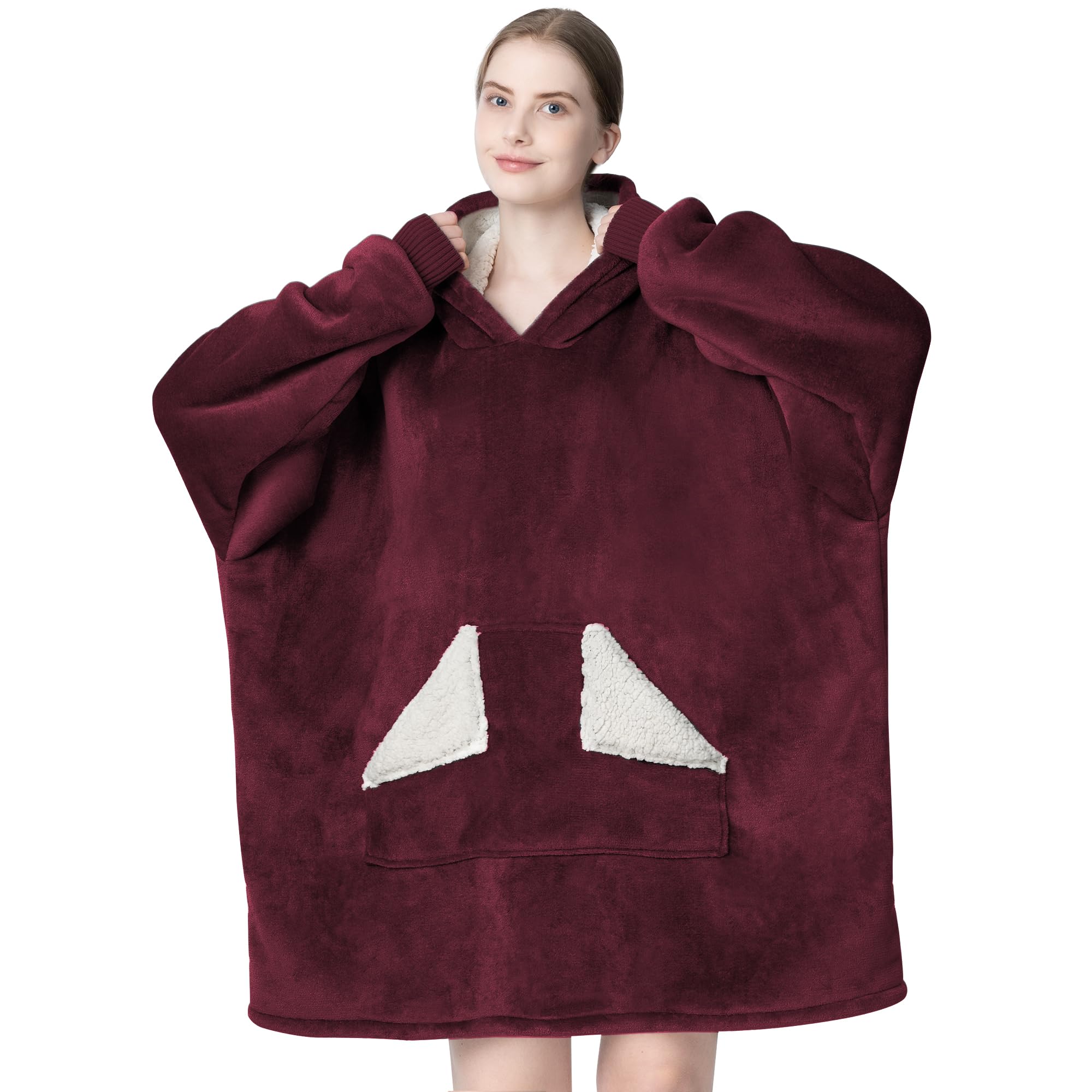 Touchat Wearable Blanket Hoodie, Oversized Sherpa Fleece Sweatshirt Blanket with Giant Hood Pocket and Sleeves for Adult, Warm & Cozy Grey Blanket Gifts for Women