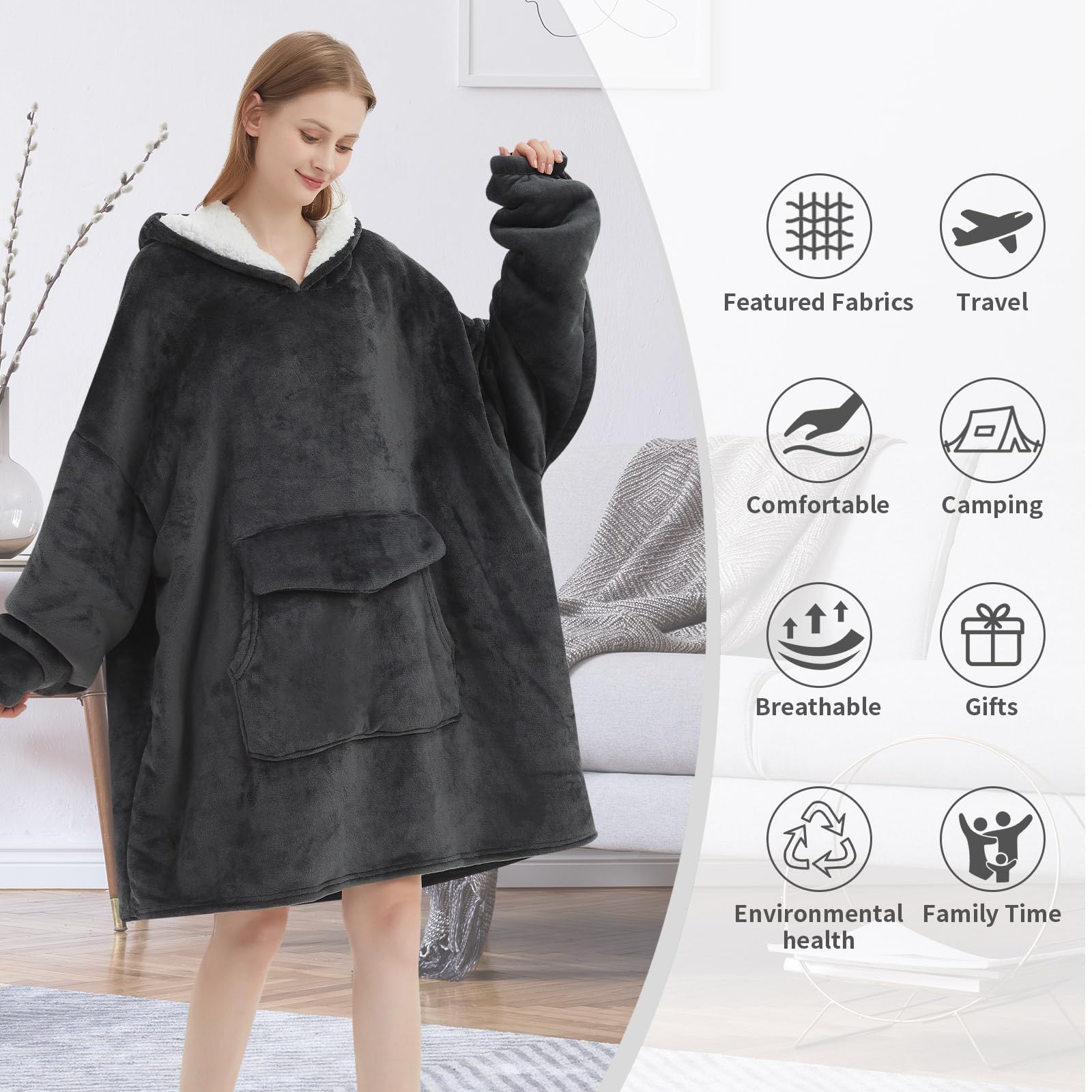 Fiosnow Grey Blanket Hoodies for Women and Men Adult Oversize Wearable Blanket Hoodies for Soft and Warm