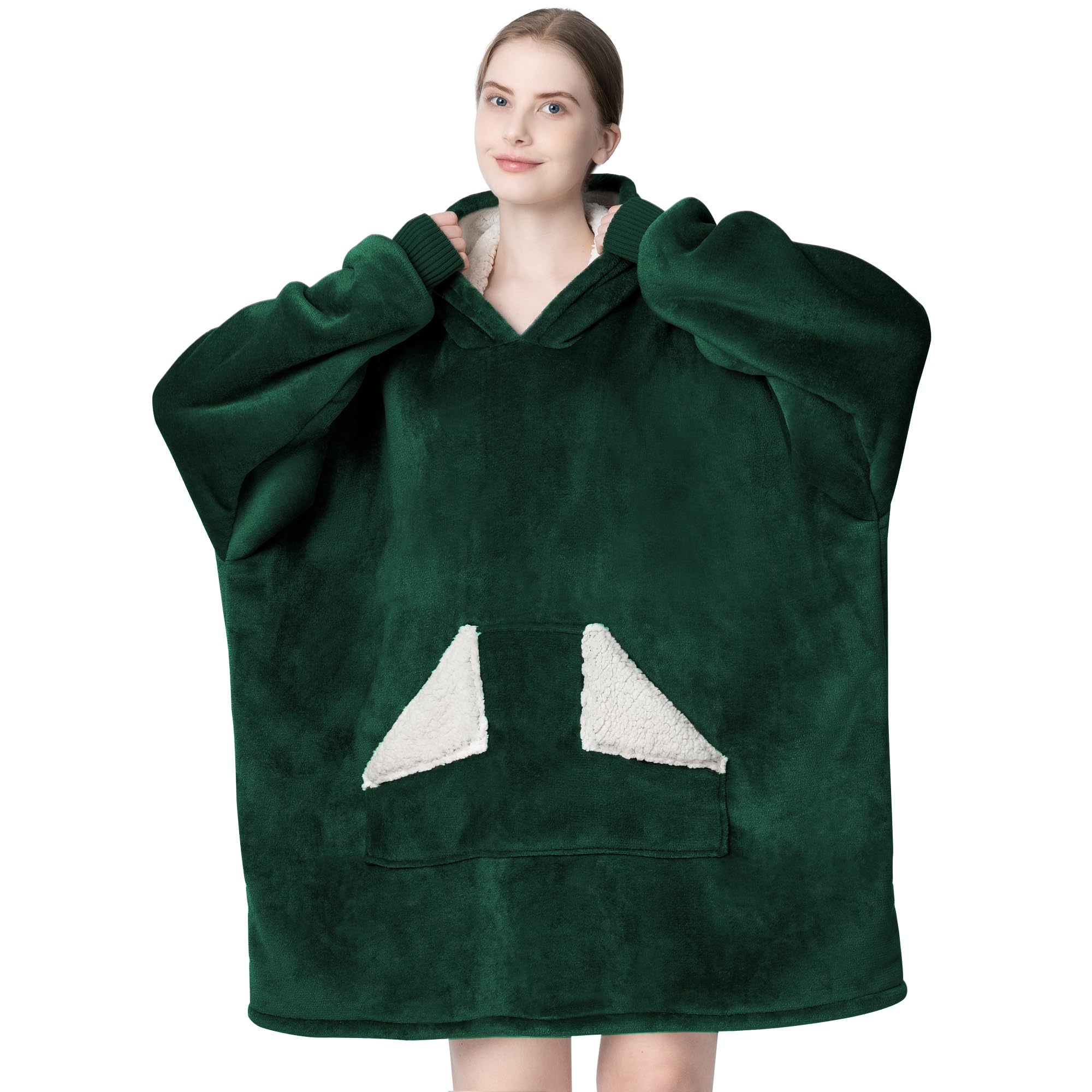 Touchat Wearable Blanket Hoodie, Oversized Sherpa Fleece Sweatshirt Blanket with Giant Hood Pocket and Sleeves for Adult, Warm & Cozy Grey Blanket Gifts for Women
