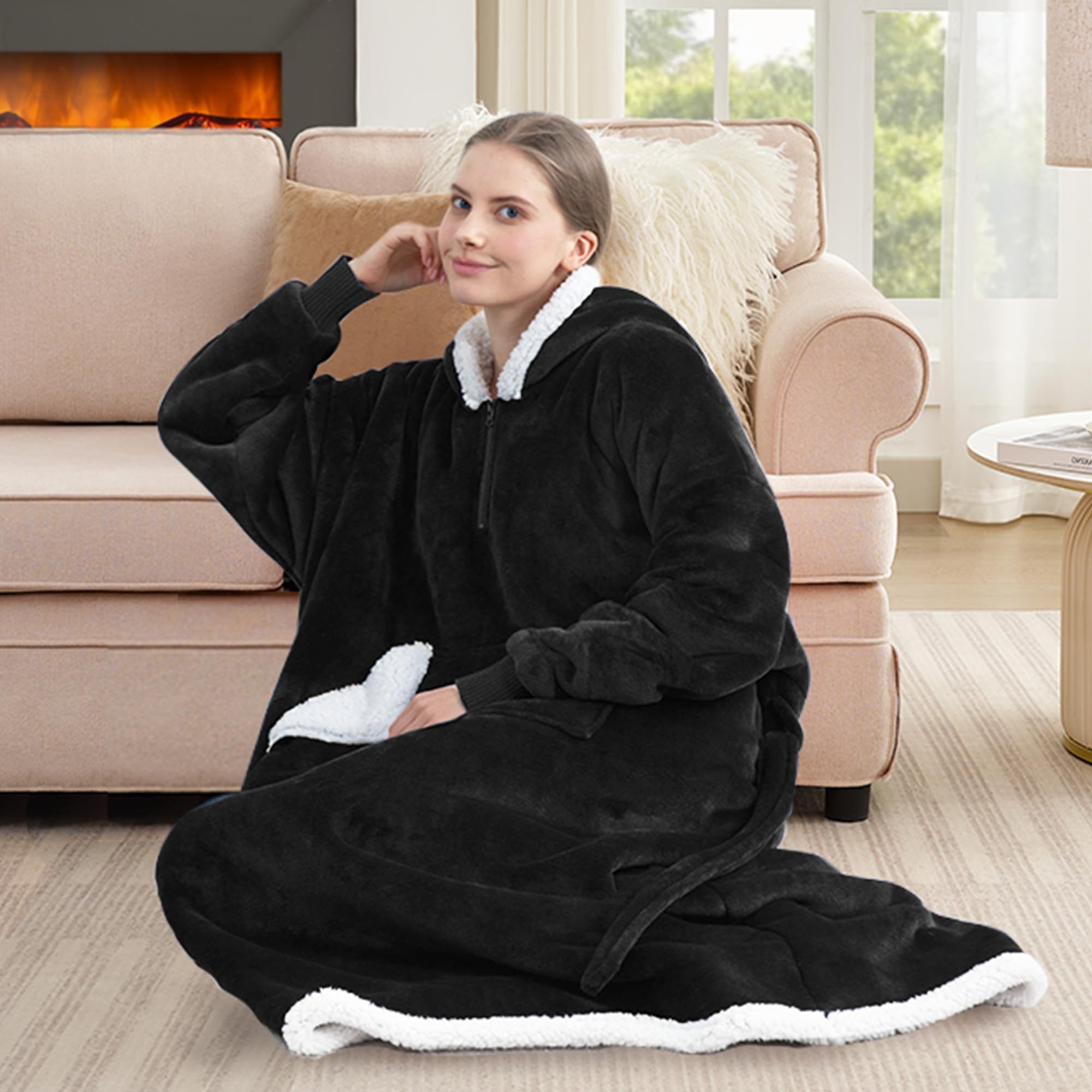Touchat Wearable Blanket Hoodie, Oversized Sherpa Fleece Sweatshirt Blanket with Giant Hood Pocket and Sleeves for Adult, Warm & Cozy Grey Blanket Gifts for Women