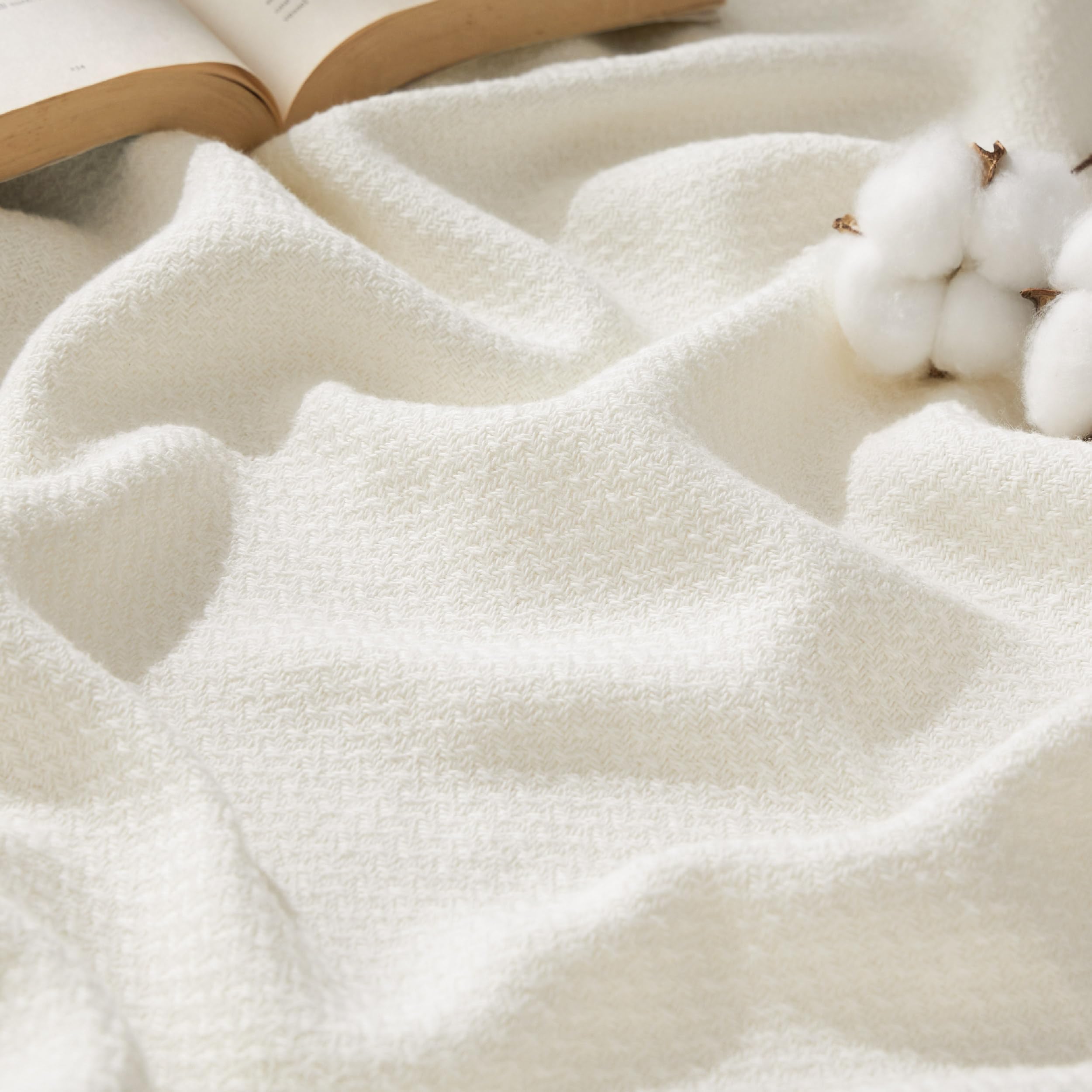 Bedsure GentleSoft 100% Cotton Blanket Queen Size for Bed - Cooling Breathable and Lightweight, Soft Cozy Textured Herringbone Woven Summer Blanket for Home Decor, Linen Beige, 90x90 inches