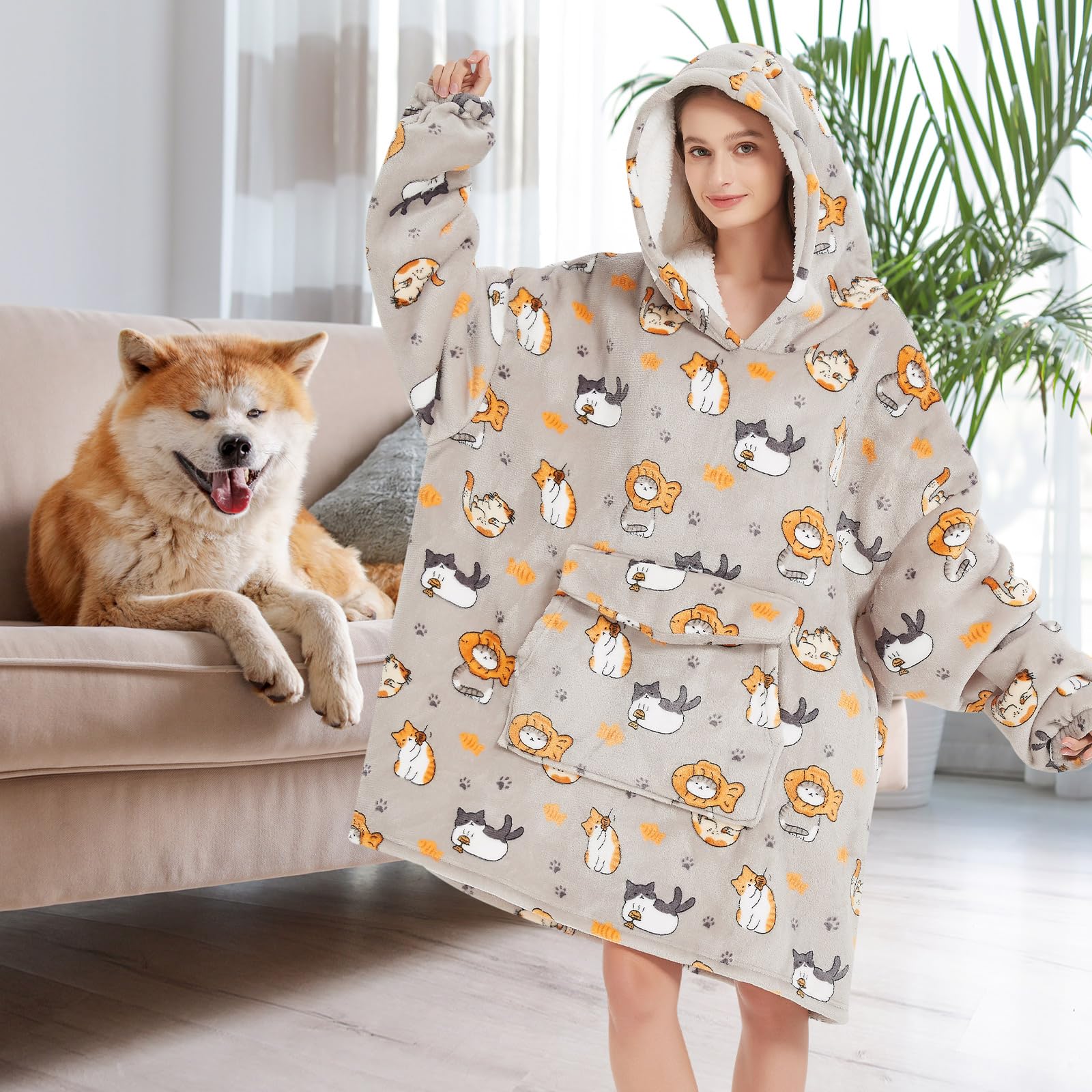 Fiosnow Grey Blanket Hoodies for Women and Men Adult Oversize Wearable Blanket Hoodies for Soft and Warm