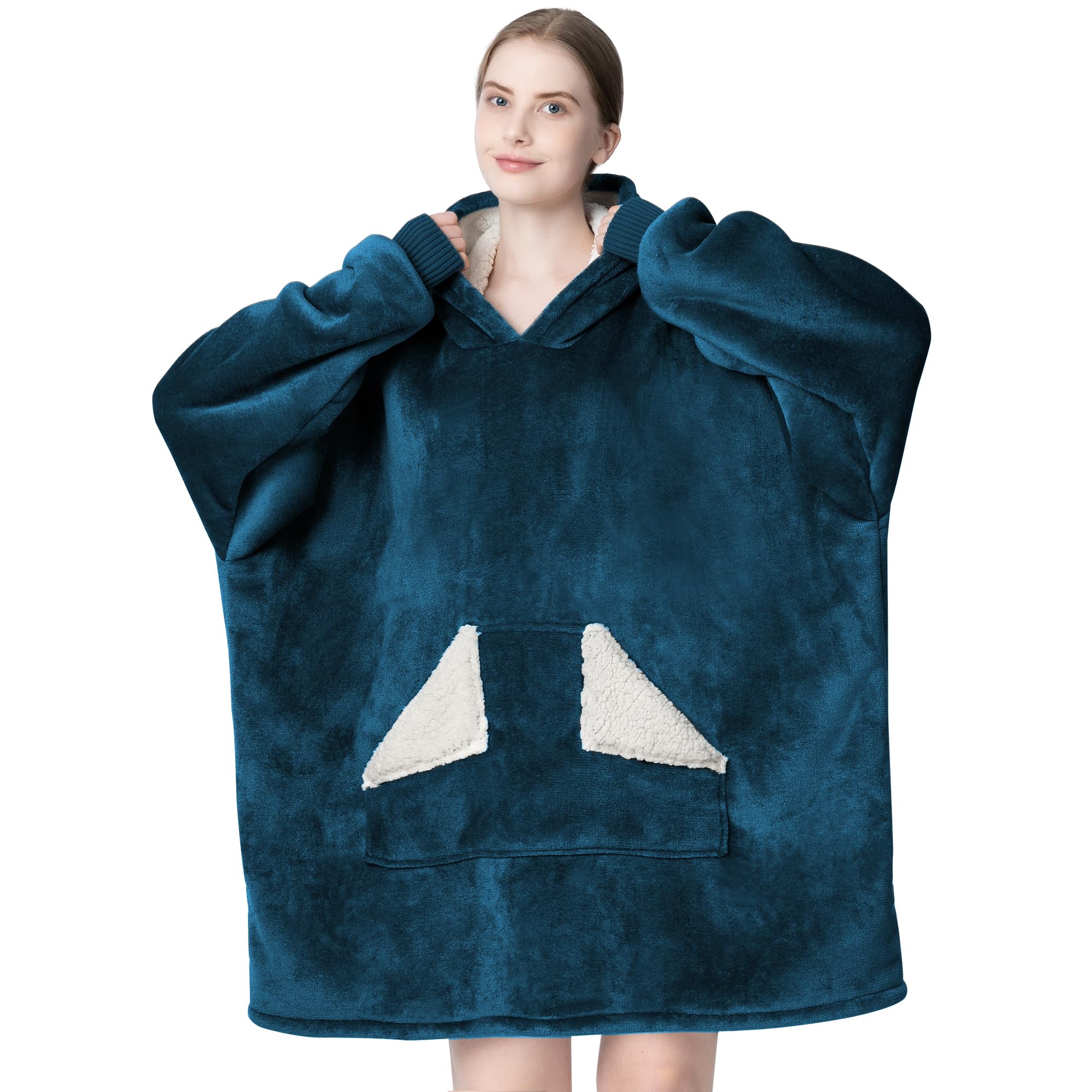 Touchat Wearable Blanket Hoodie, Oversized Sherpa Fleece Sweatshirt Blanket with Giant Hood Pocket and Sleeves for Adult, Warm & Cozy Grey Blanket Gifts for Women