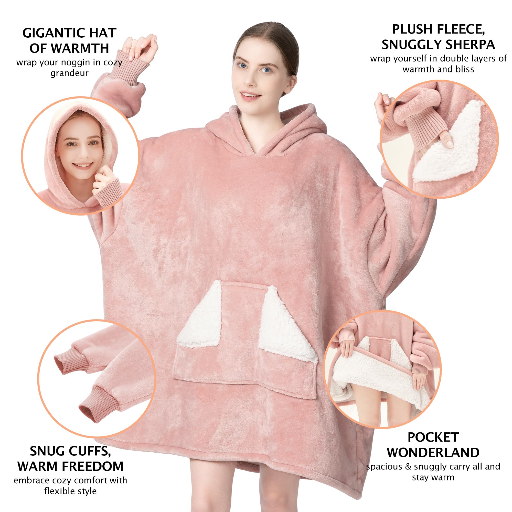 Touchat Wearable Blanket Hoodie, Oversized Sherpa Fleece Sweatshirt Blanket with Giant Hood Pocket and Sleeves for Adult, Warm & Cozy Grey Blanket Gifts for Women