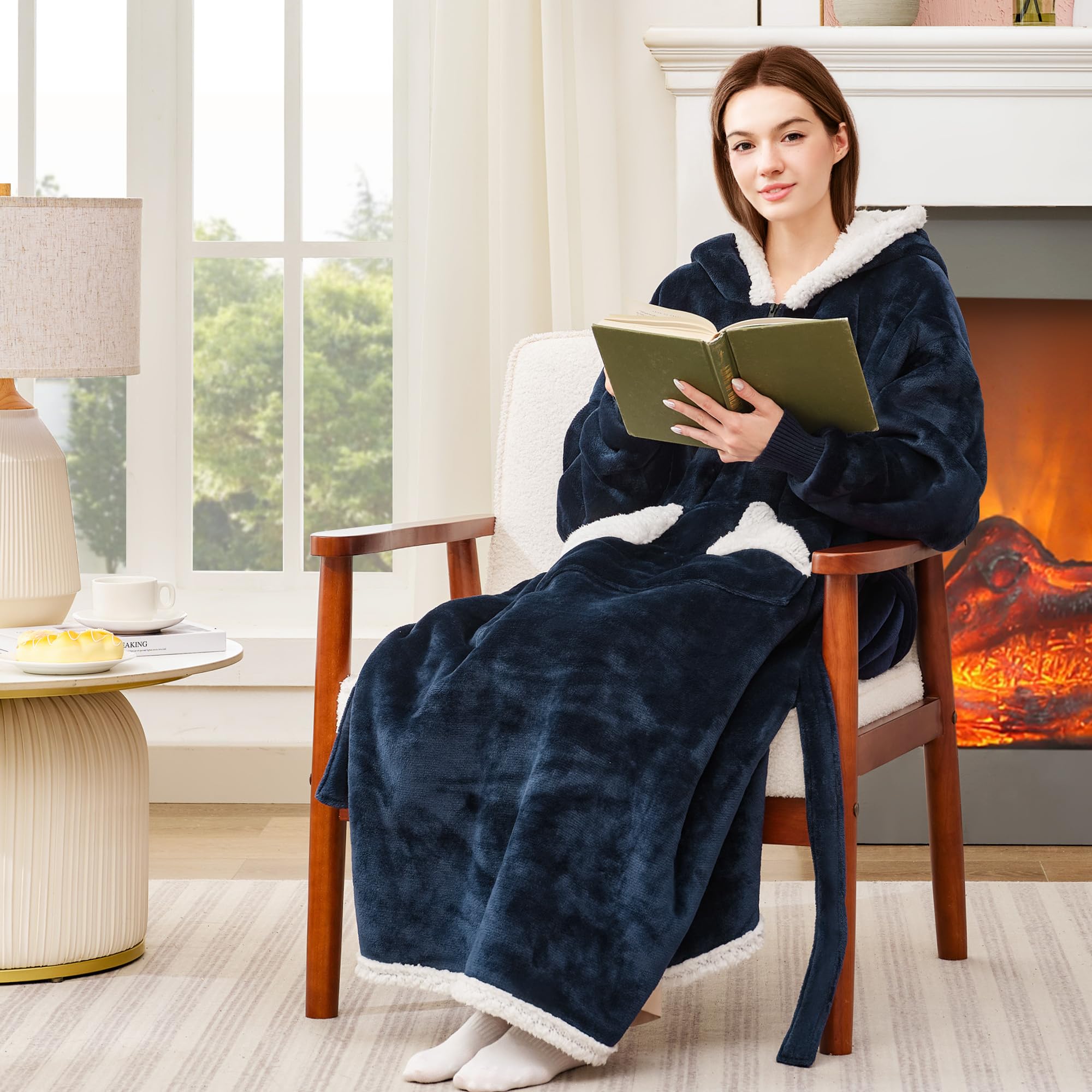 Touchat Wearable Blanket Hoodie, Oversized Sherpa Fleece Sweatshirt Blanket with Giant Hood Pocket and Sleeves for Adult, Warm & Cozy Grey Blanket Gifts for Women