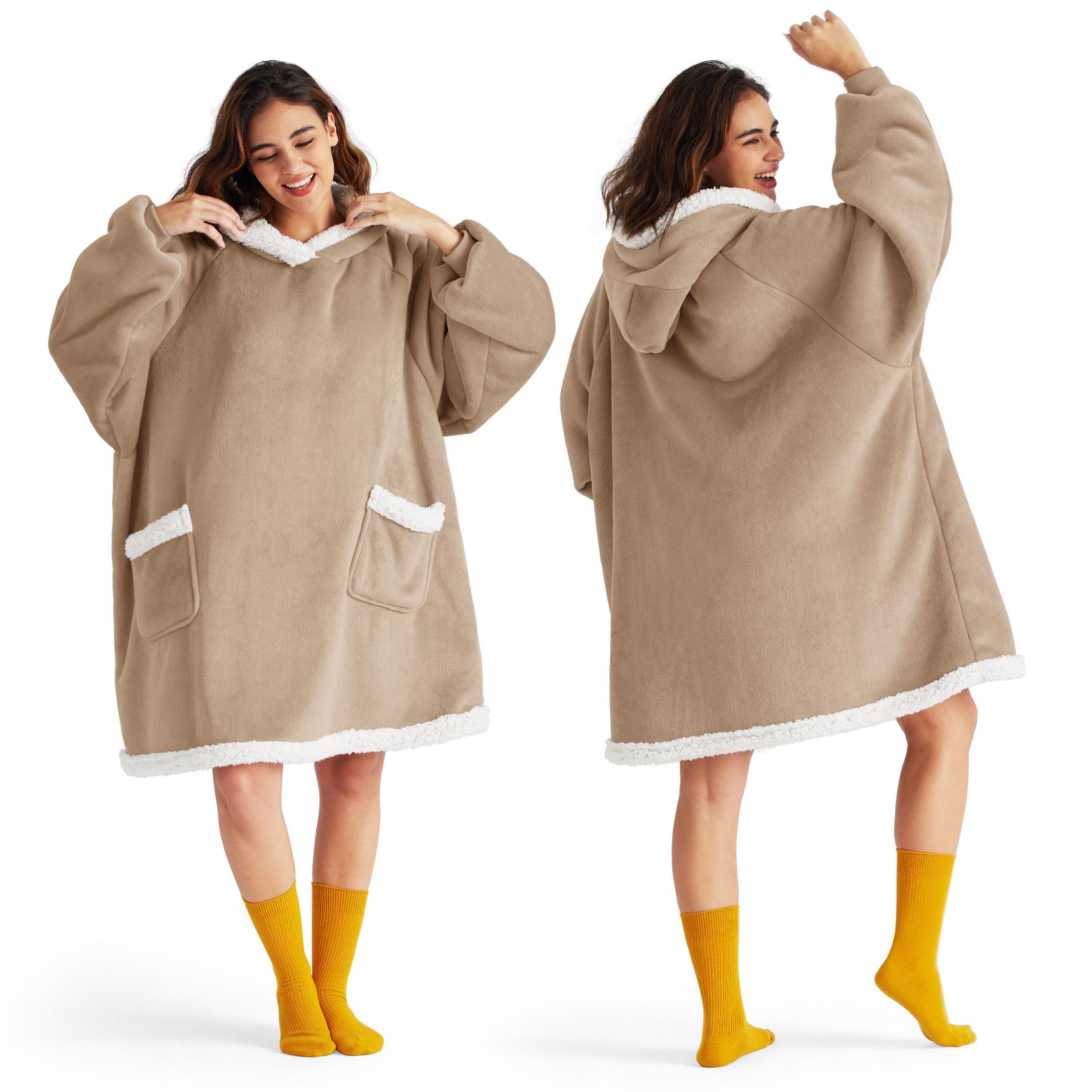 Bedsure Blanket Hoodie, Wearable Blanket Hoodie as Gifts for Mom, Birthday Gifts for Women Kids Teens Mother's Day Sherpa Sweatshirt, Grey, Standard