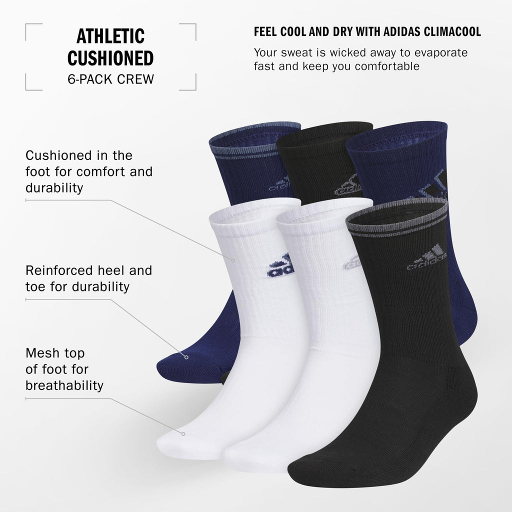 adidas Men's Athletic Cushioned Crew Socks (6 Pairs) Durable & Comfortable