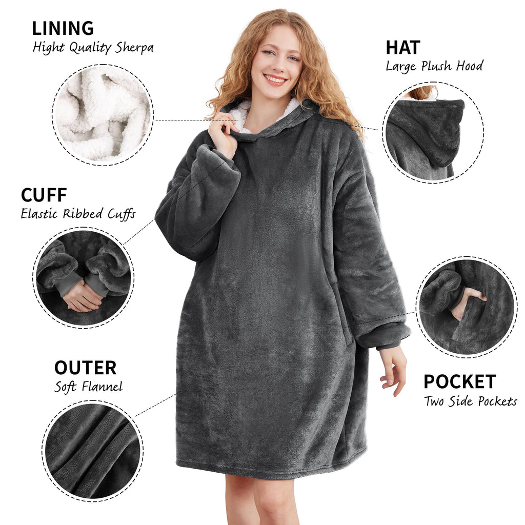 AmyHomie Wearable Blanket Hoodie for Adults & Teens,Oversized Sherpa Hooded Blanket,Warm Cozy Blanket Sweatshirt as Christmas Birthday Gifts for Women Men