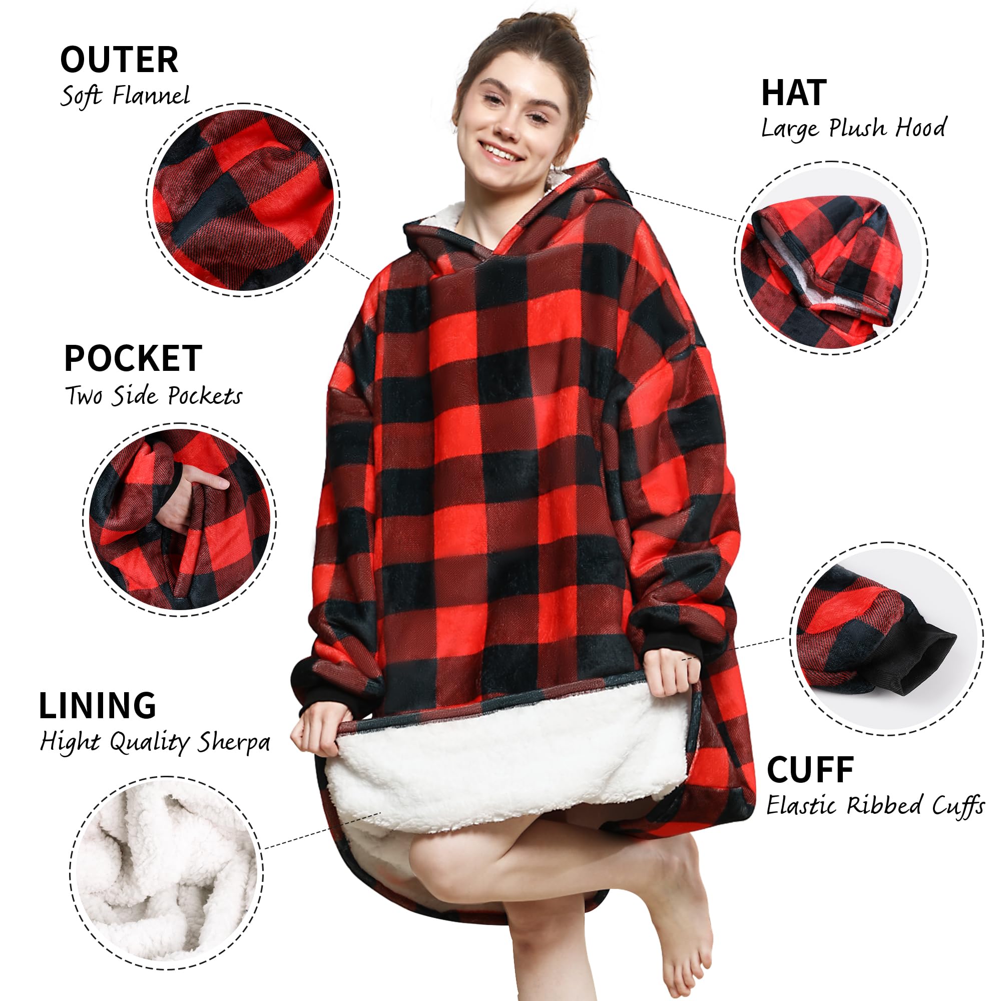 AmyHomie Wearable Blanket Hoodie for Adults & Teens,Oversized Sherpa Hooded Blanket,Warm Cozy Blanket Sweatshirt as Christmas Birthday Gifts for Women Men