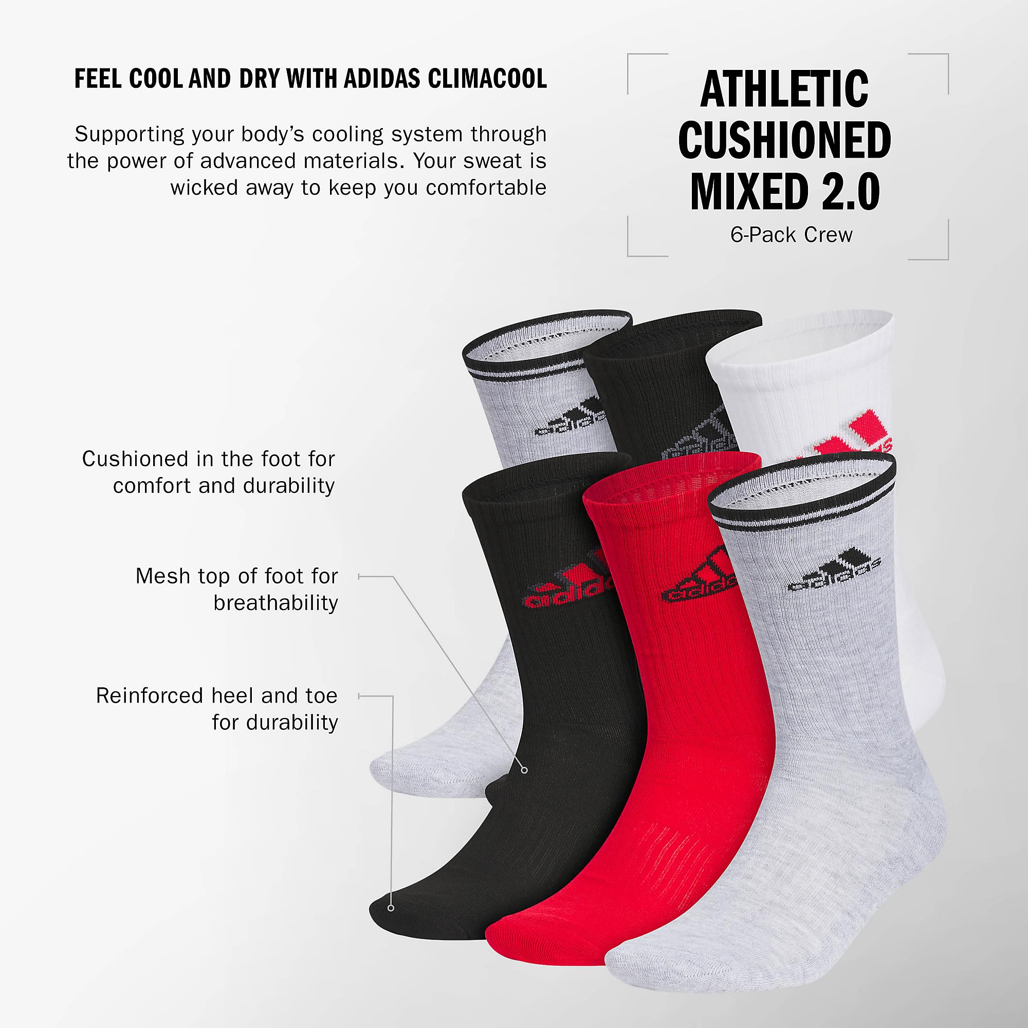adidas Men's Athletic Cushioned Crew Socks (6 Pairs) Durable & Comfortable