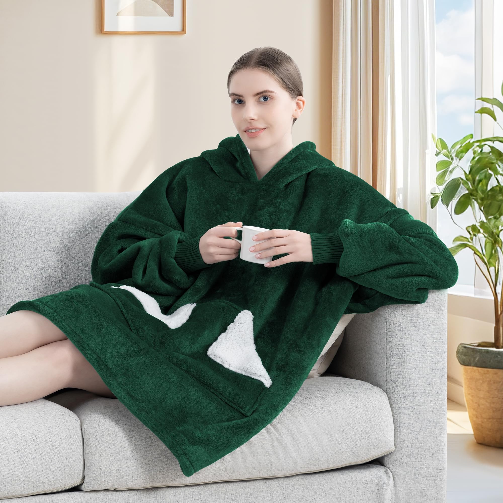 Touchat Wearable Blanket Hoodie, Oversized Sherpa Fleece Sweatshirt Blanket with Giant Hood Pocket and Sleeves for Adult, Warm & Cozy Grey Blanket Gifts for Women