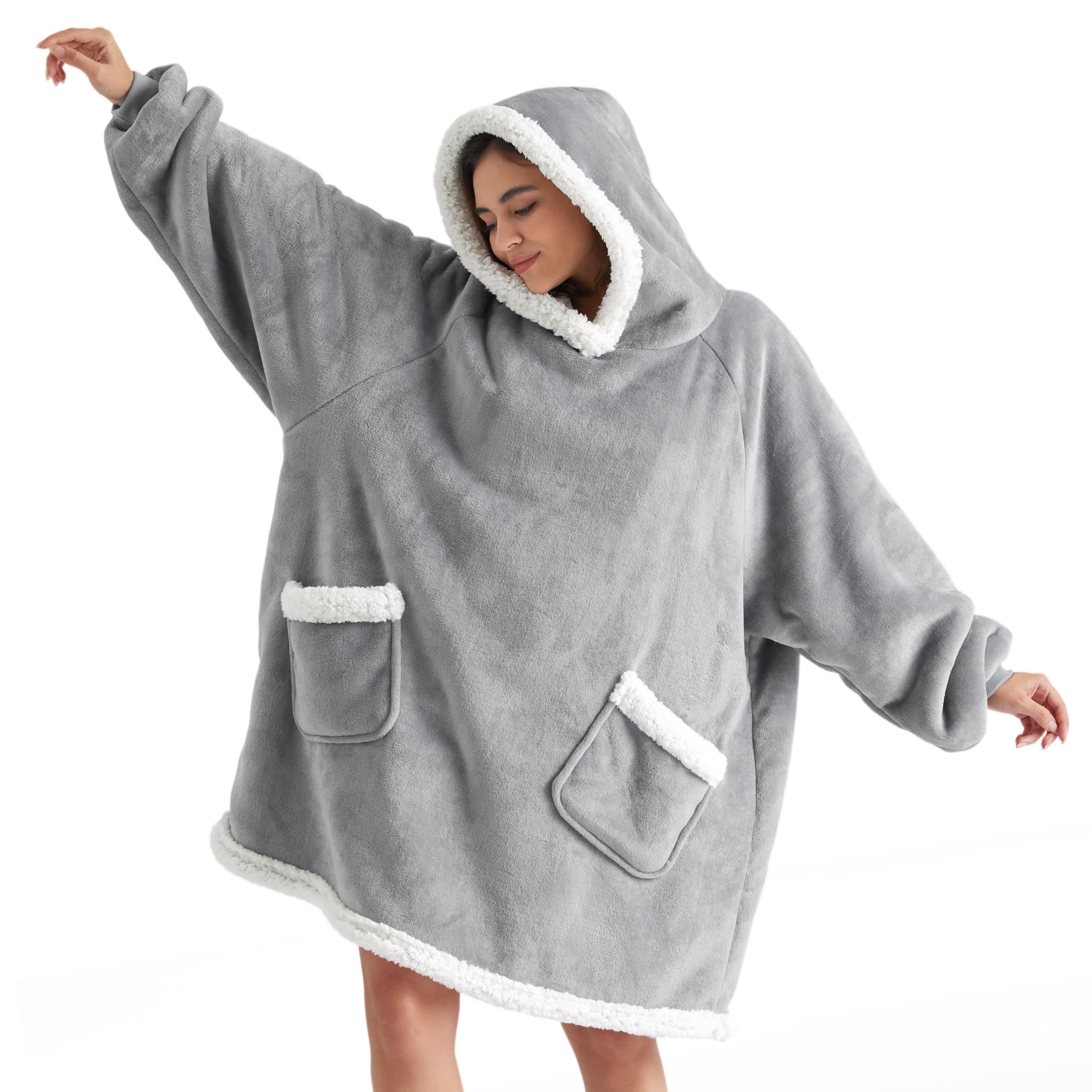Bedsure Blanket Hoodie, Wearable Blanket Hoodie as Gifts for Mom, Birthday Gifts for Women Kids Teens Mother's Day Sherpa Sweatshirt, Grey, Standard