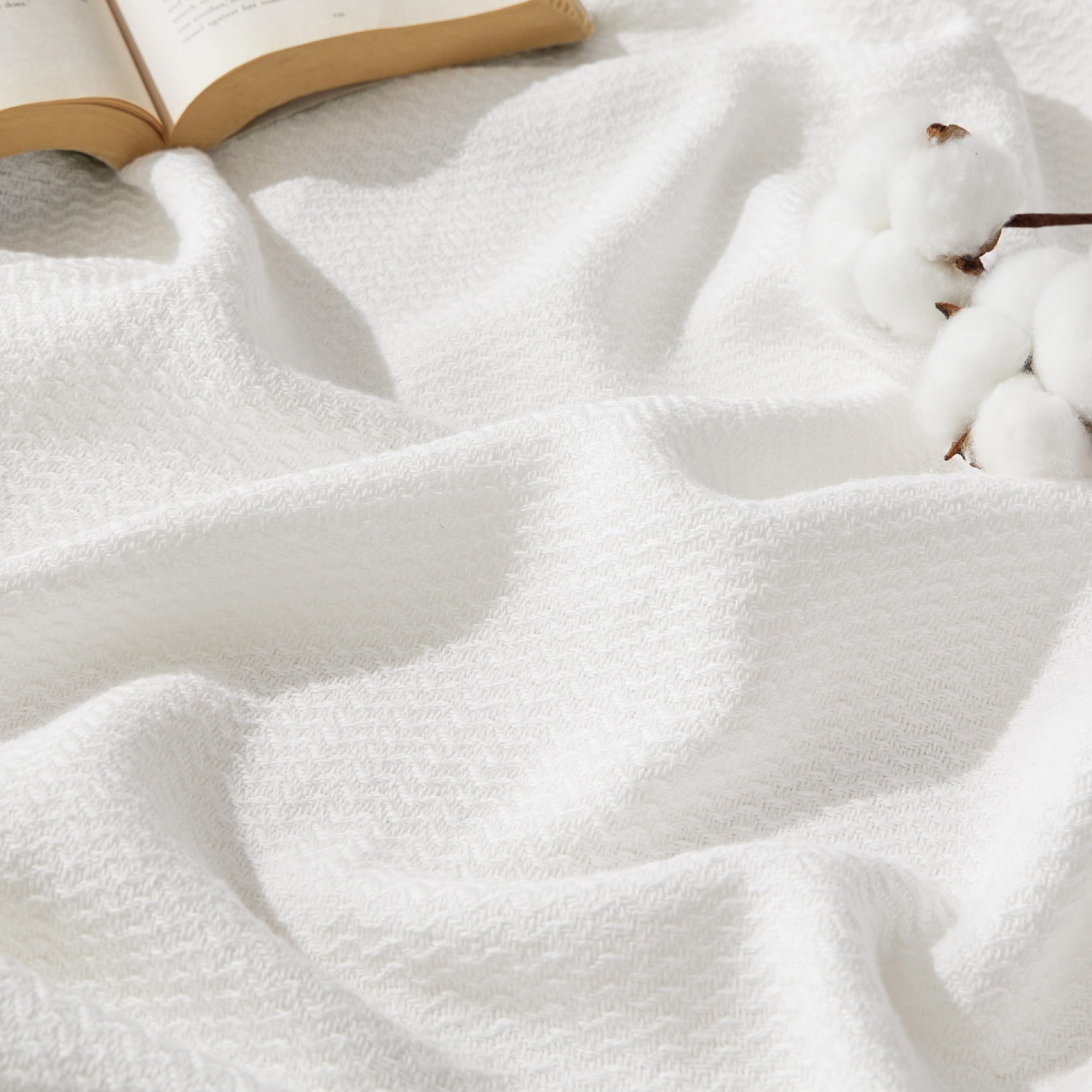 Bedsure GentleSoft 100% Cotton Blanket Queen Size for Bed - Cooling Breathable and Lightweight, Soft Cozy Textured Herringbone Woven Summer Blanket for Home Decor, Linen Beige, 90x90 inches