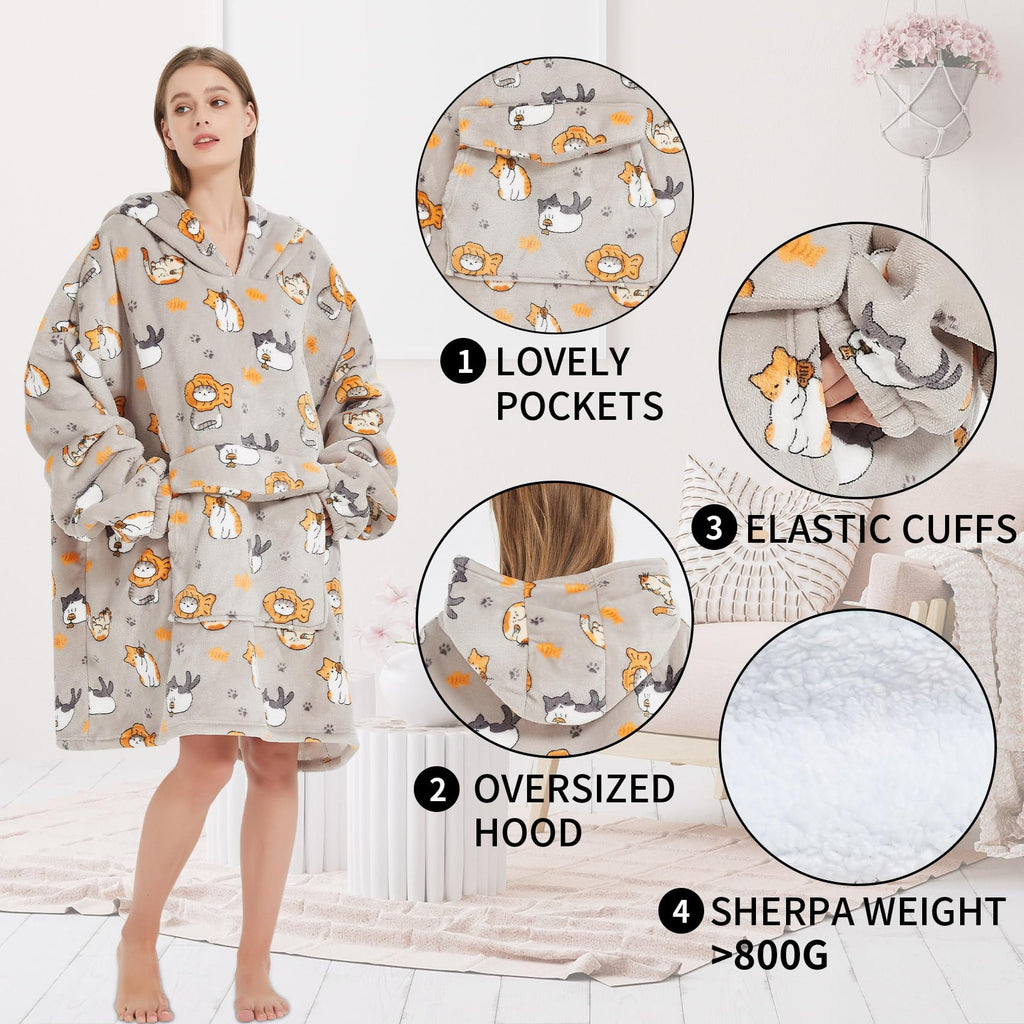 Fiosnow Grey Blanket Hoodies for Women and Men Adult Oversize Wearable Blanket Hoodies for Soft and Warm