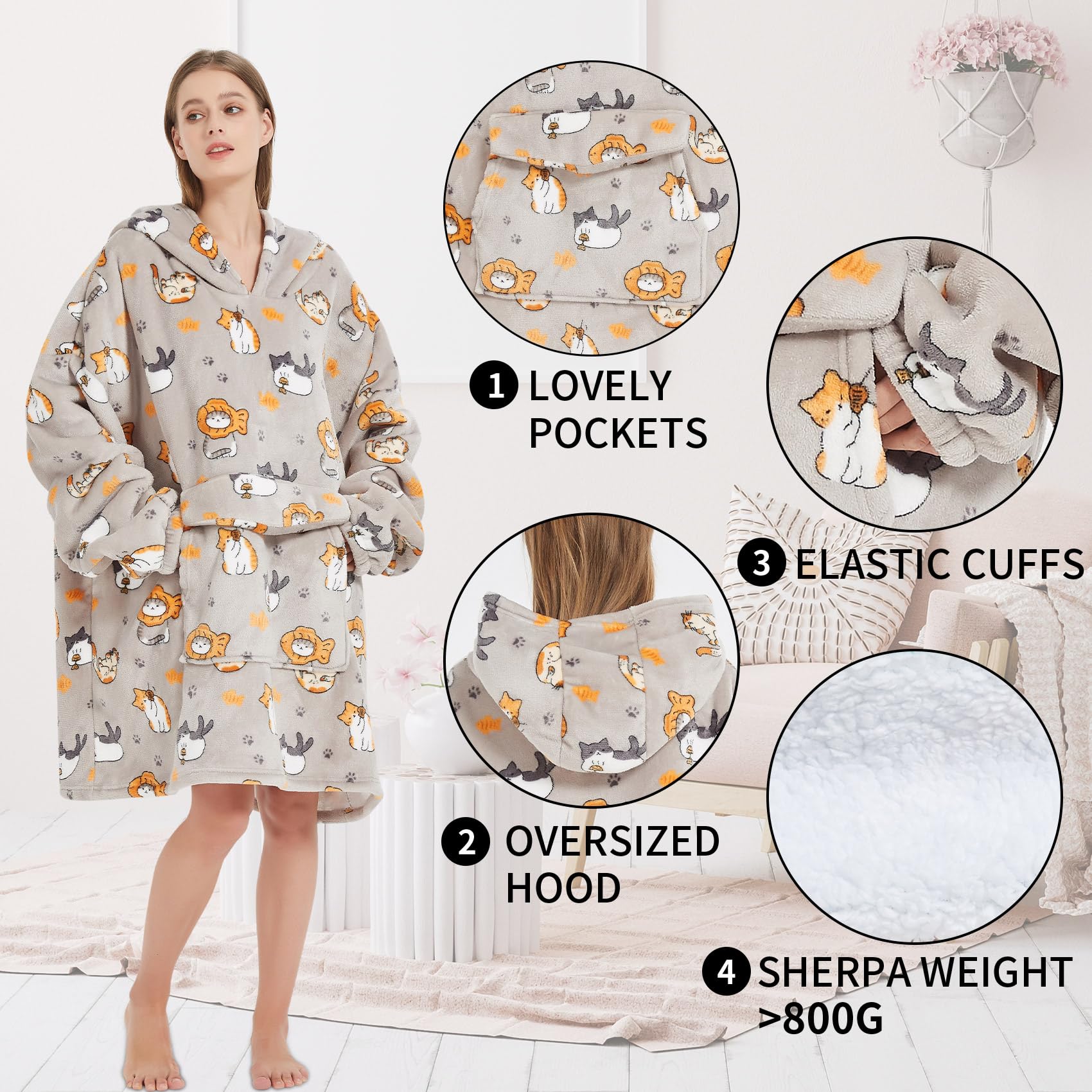 Fiosnow Grey Blanket Hoodies for Women and Men Adult Oversize Wearable Blanket Hoodies for Soft and Warm