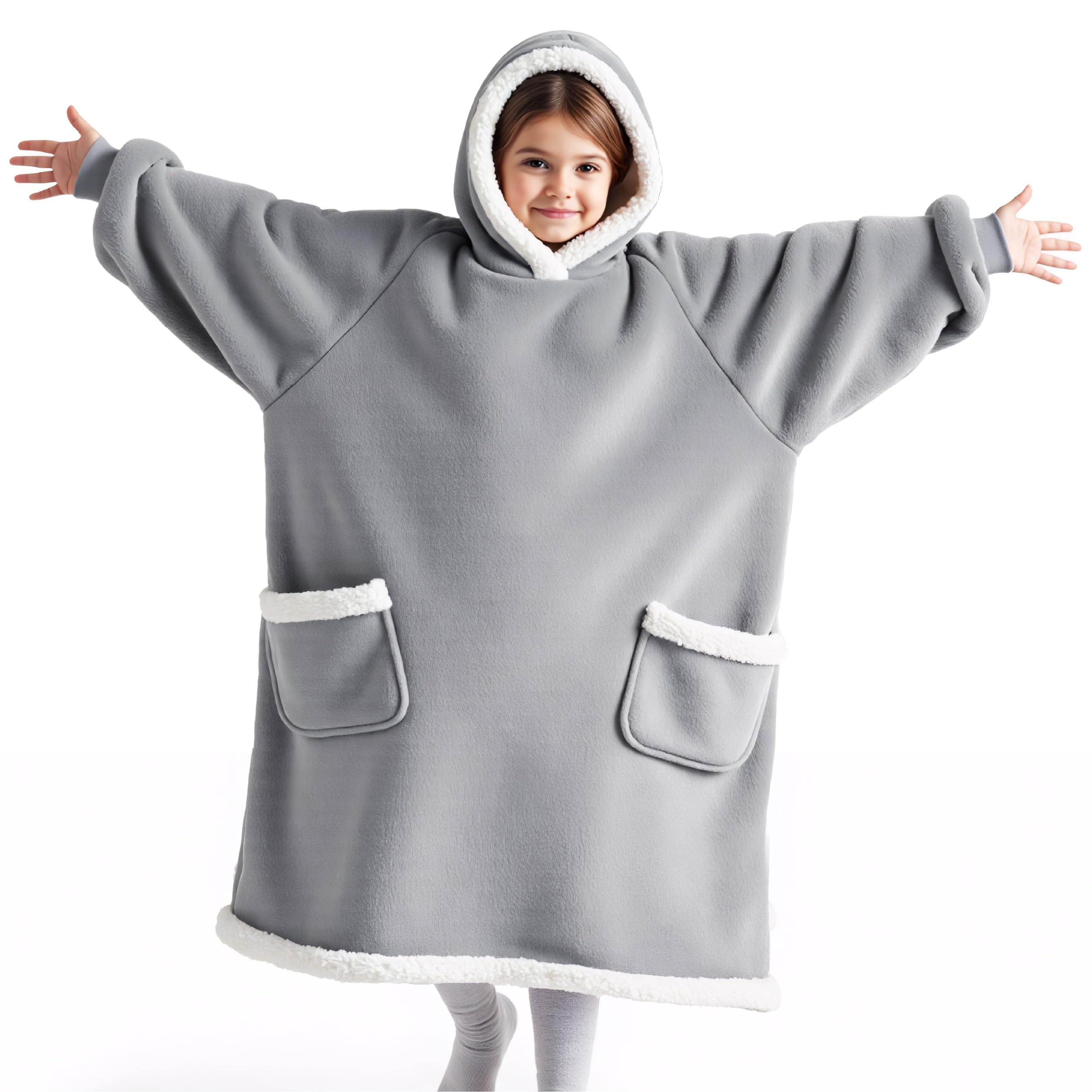Bedsure Blanket Hoodie, Wearable Blanket Hoodie as Gifts for Mom, Birthday Gifts for Women Kids Teens Mother's Day Sherpa Sweatshirt, Grey, Standard