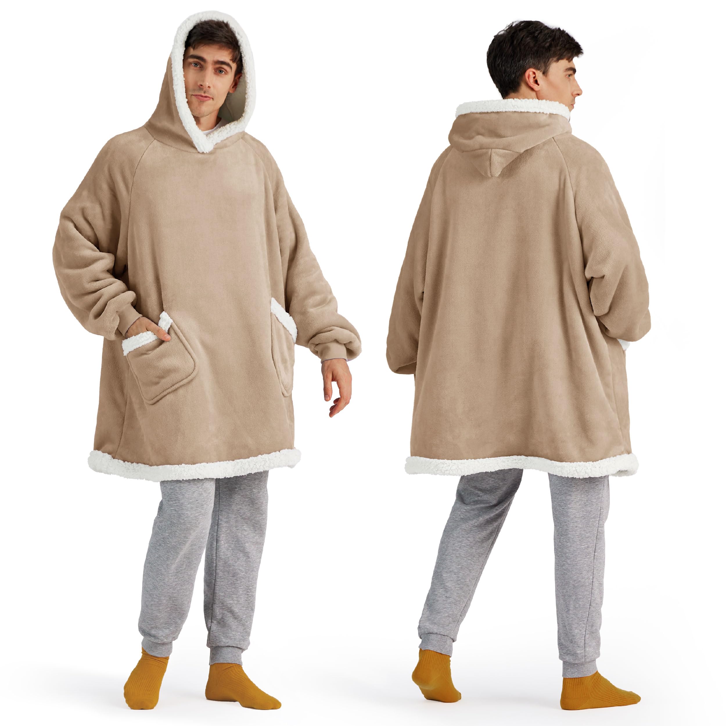 Bedsure Blanket Hoodie, Wearable Blanket Hoodie as Gifts for Mom, Birthday Gifts for Women Kids Teens Mother's Day Sherpa Sweatshirt, Grey, Standard