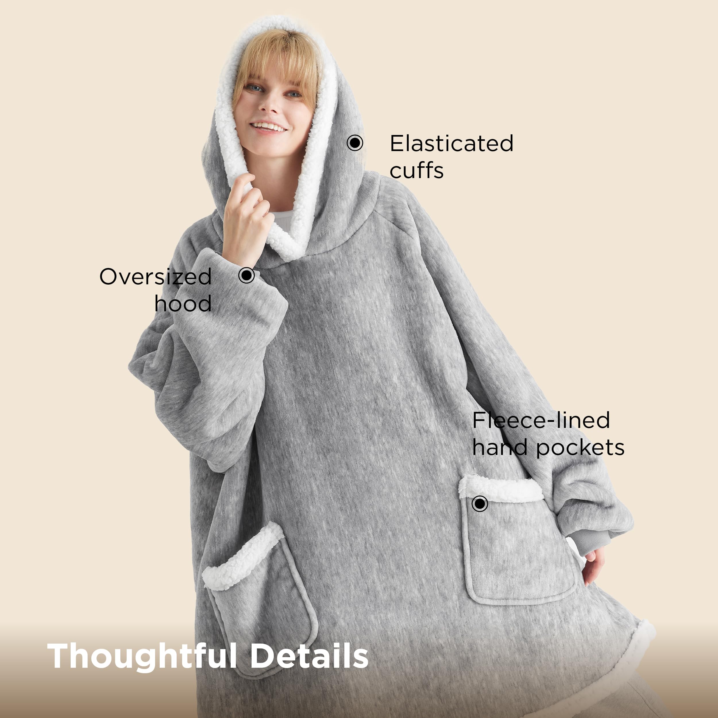 Bedsure Blanket Hoodie, Wearable Blanket Hoodie as Gifts for Mom, Birthday Gifts for Women Kids Teens Mother's Day Sherpa Sweatshirt, Grey, Standard