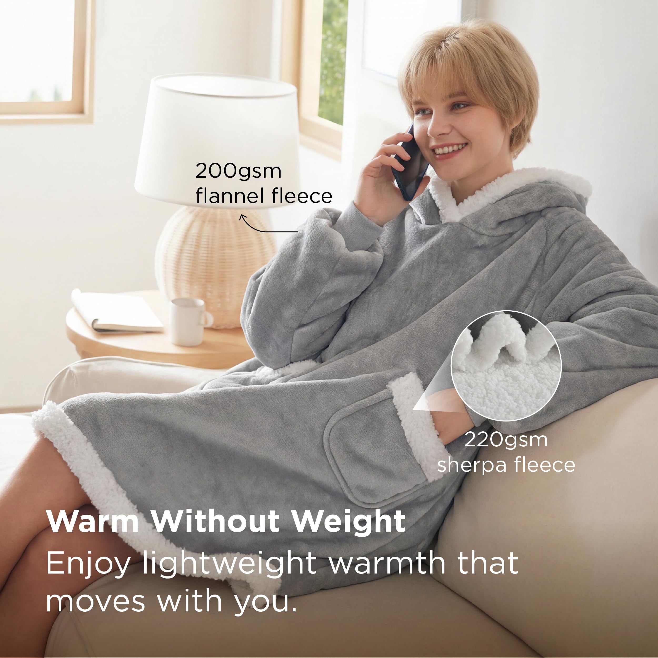 Bedsure Blanket Hoodie, Wearable Blanket Hoodie as Gifts for Mom, Birthday Gifts for Women Kids Teens Mother's Day Sherpa Sweatshirt, Grey, Standard