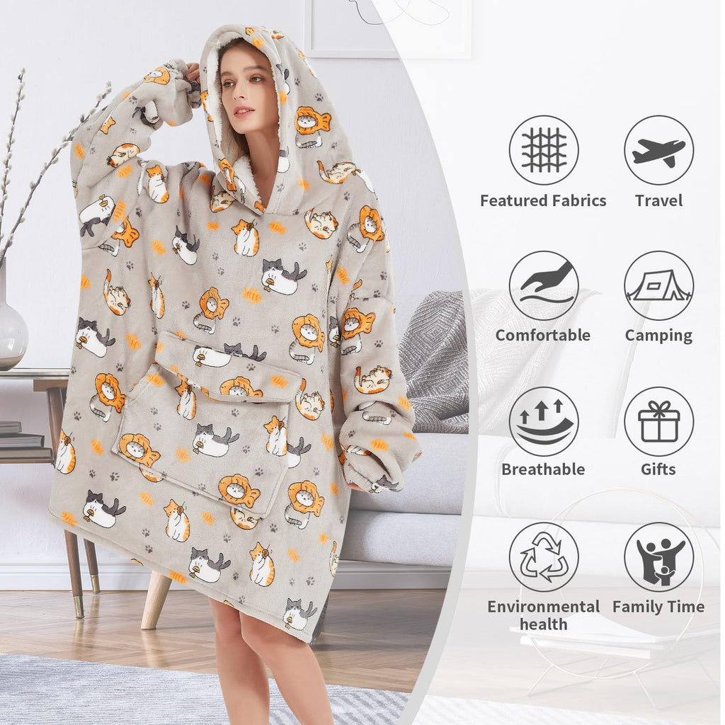 Fiosnow Grey Blanket Hoodies for Women and Men Adult Oversize Wearable Blanket Hoodies for Soft and Warm