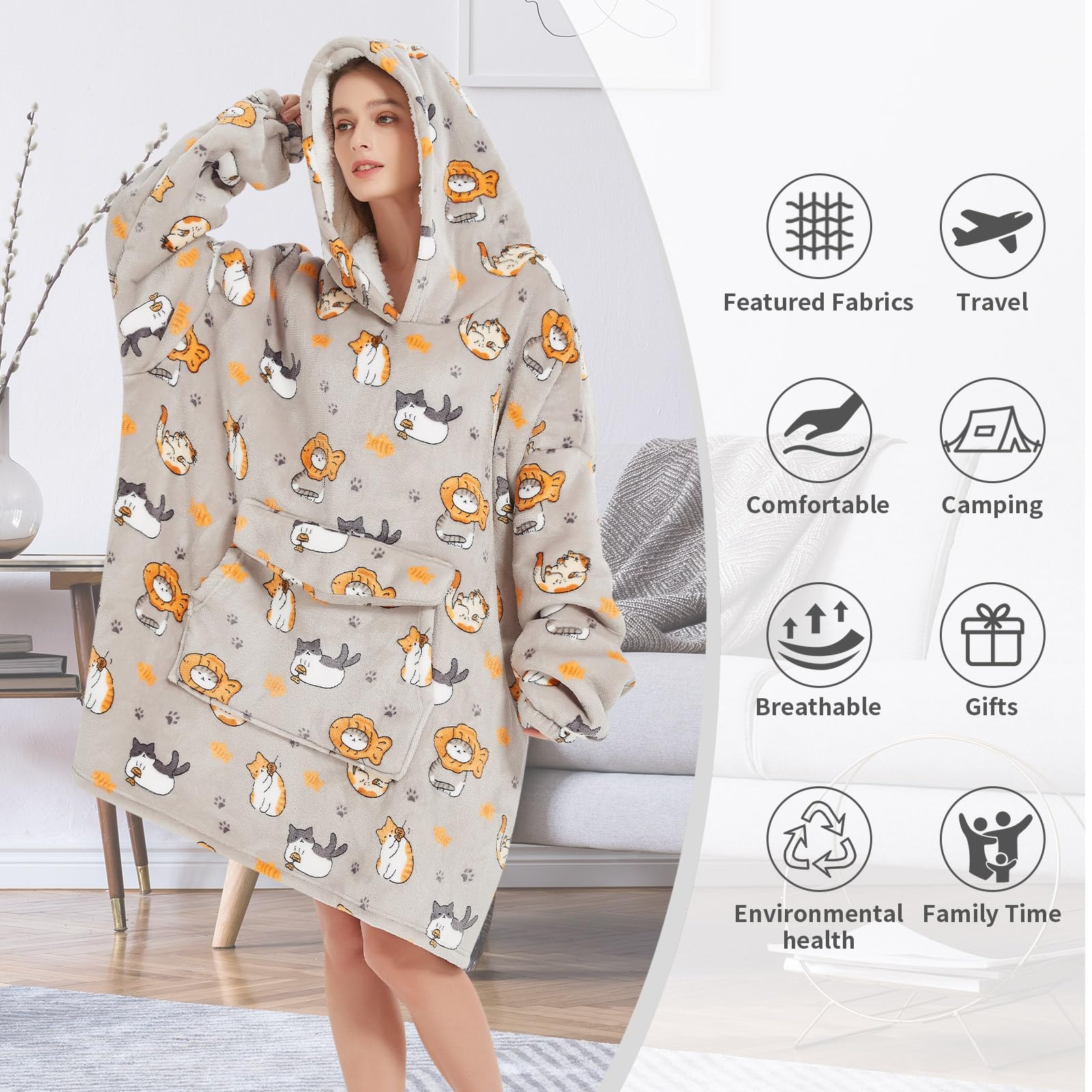 Fiosnow Grey Blanket Hoodies for Women and Men Adult Oversize Wearable Blanket Hoodies for Soft and Warm