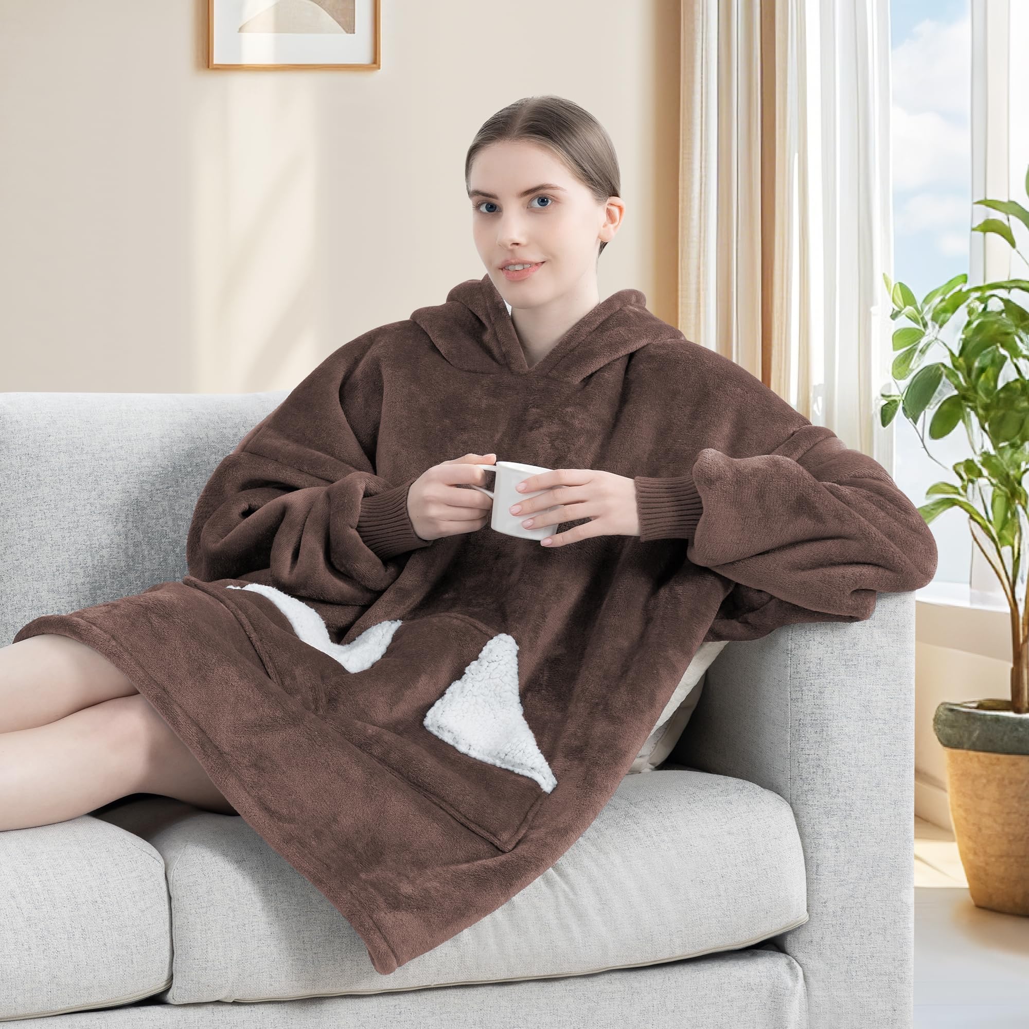 Touchat Wearable Blanket Hoodie, Oversized Sherpa Fleece Sweatshirt Blanket with Giant Hood Pocket and Sleeves for Adult, Warm & Cozy Grey Blanket Gifts for Women