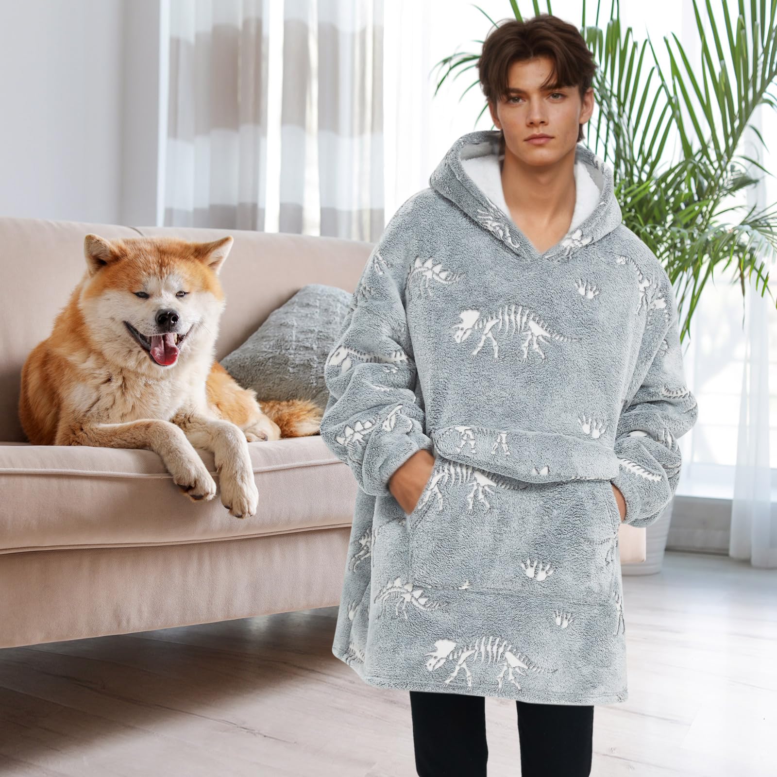 Fiosnow Grey Blanket Hoodies for Women and Men Adult Oversize Wearable Blanket Hoodies for Soft and Warm