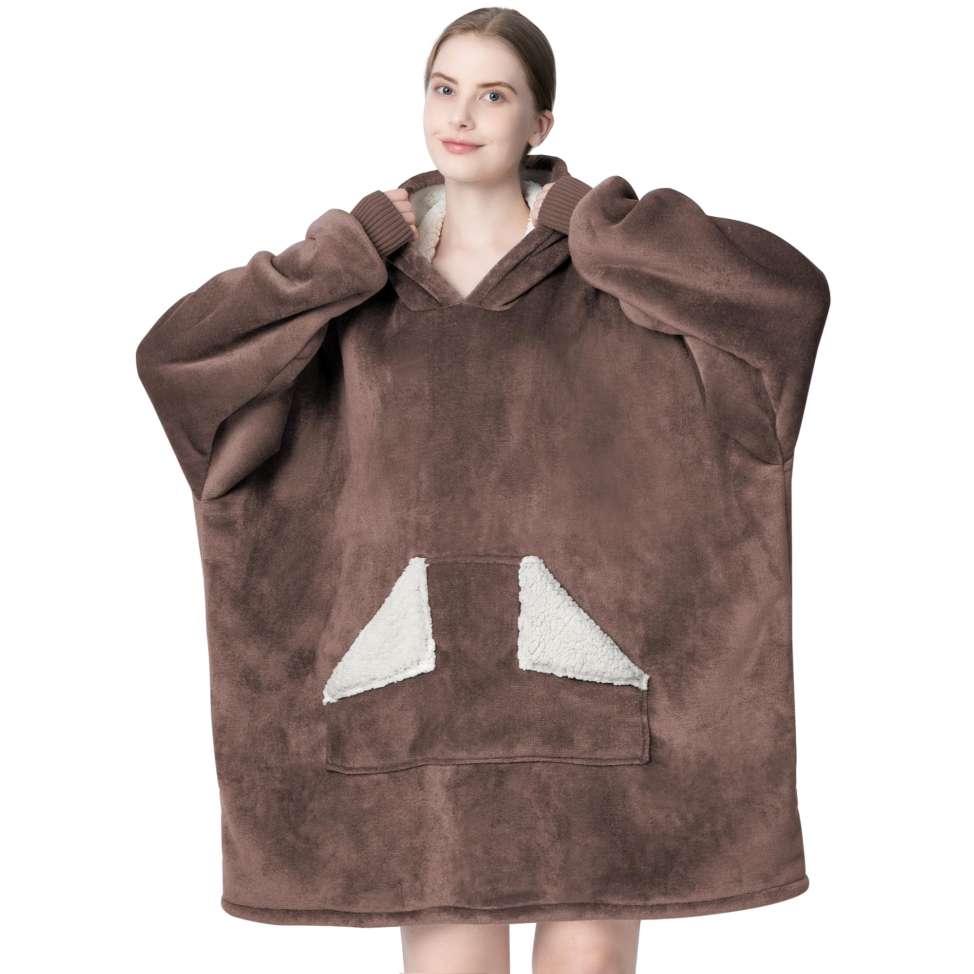 Touchat Wearable Blanket Hoodie, Oversized Sherpa Fleece Sweatshirt Blanket with Giant Hood Pocket and Sleeves for Adult, Warm & Cozy Grey Blanket Gifts for Women