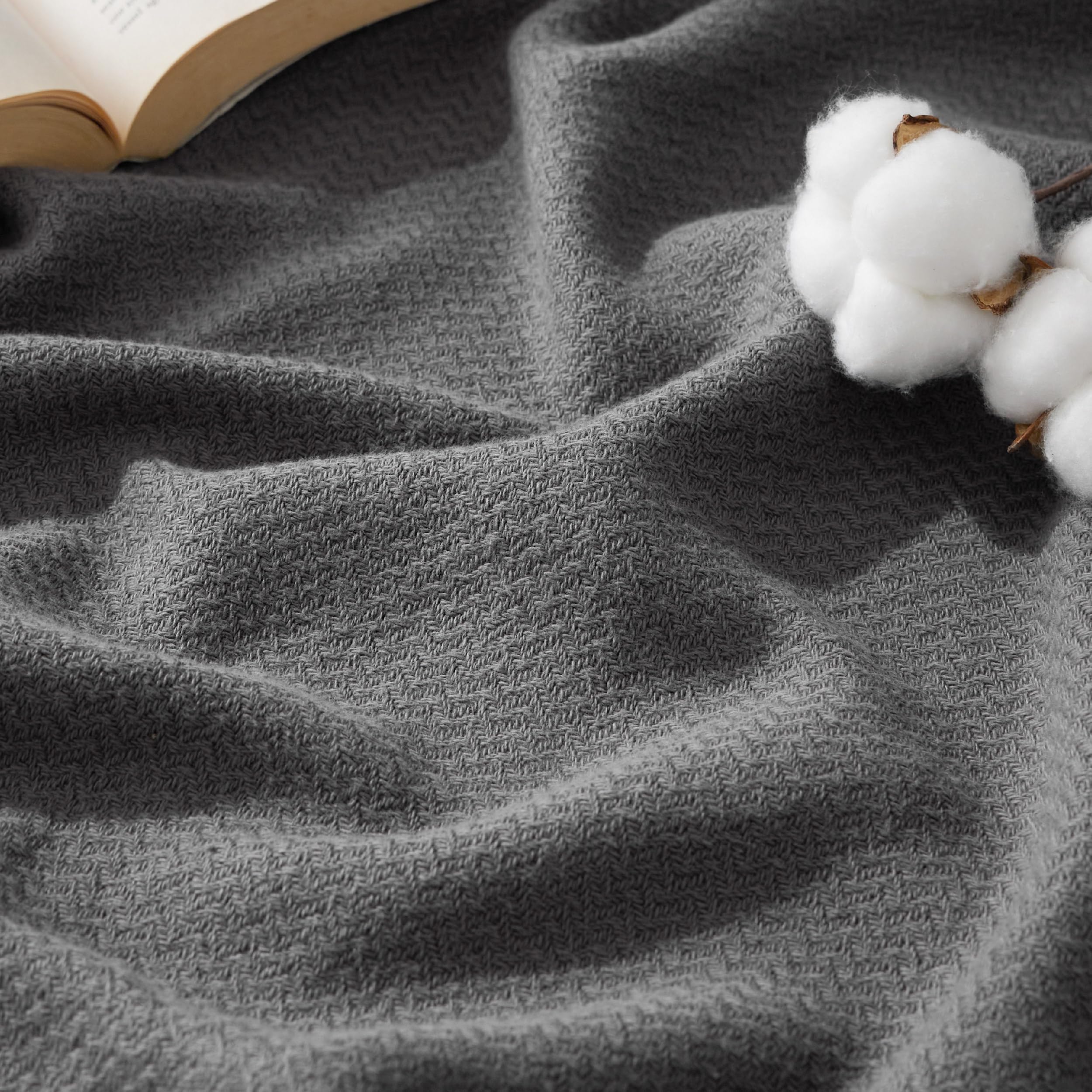 Bedsure GentleSoft 100% Cotton Blanket Queen Size for Bed - Cooling Breathable and Lightweight, Soft Cozy Textured Herringbone Woven Summer Blanket for Home Decor, Linen Beige, 90x90 inches