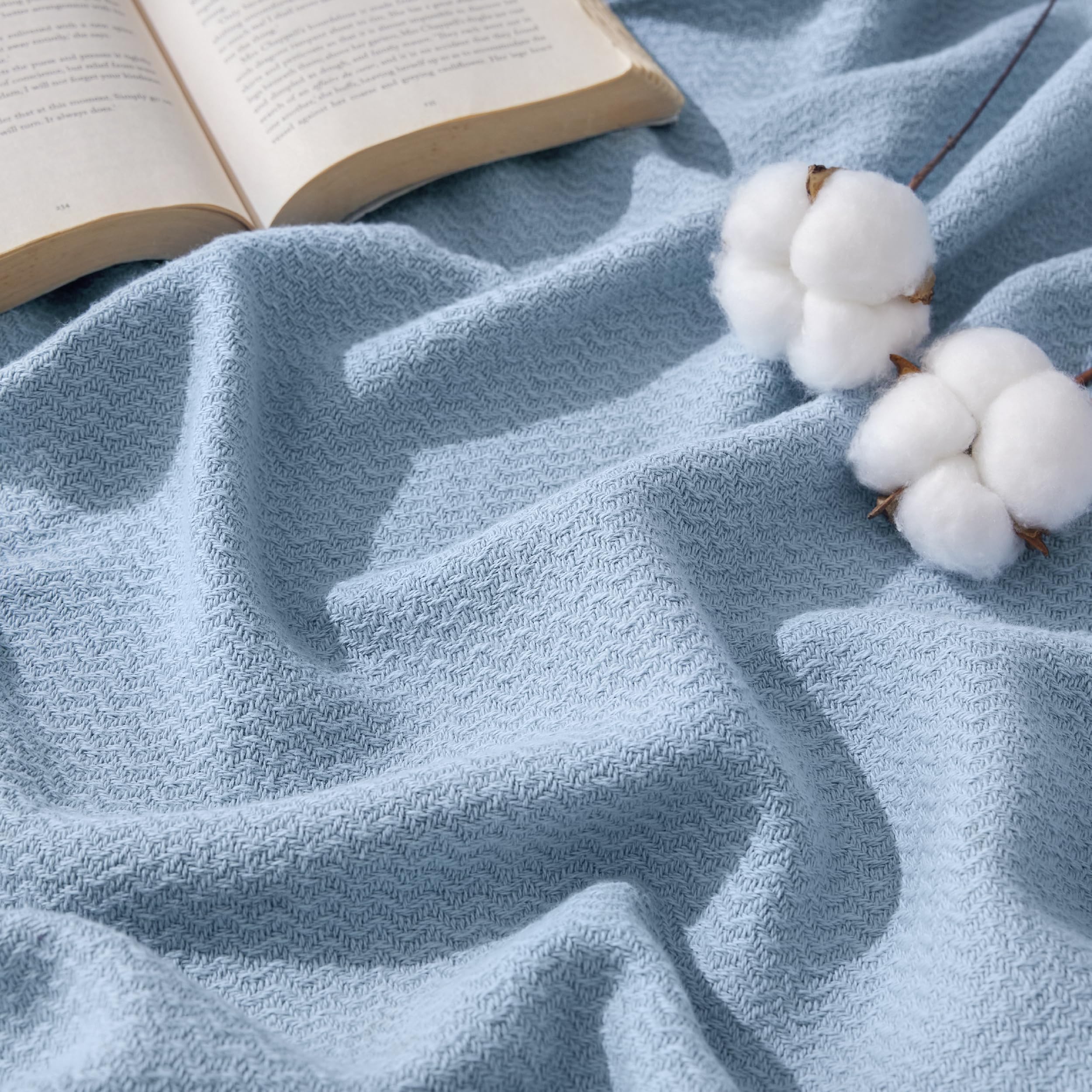 Bedsure GentleSoft 100% Cotton Blanket Queen Size for Bed - Cooling Breathable and Lightweight, Soft Cozy Textured Herringbone Woven Summer Blanket for Home Decor, Linen Beige, 90x90 inches