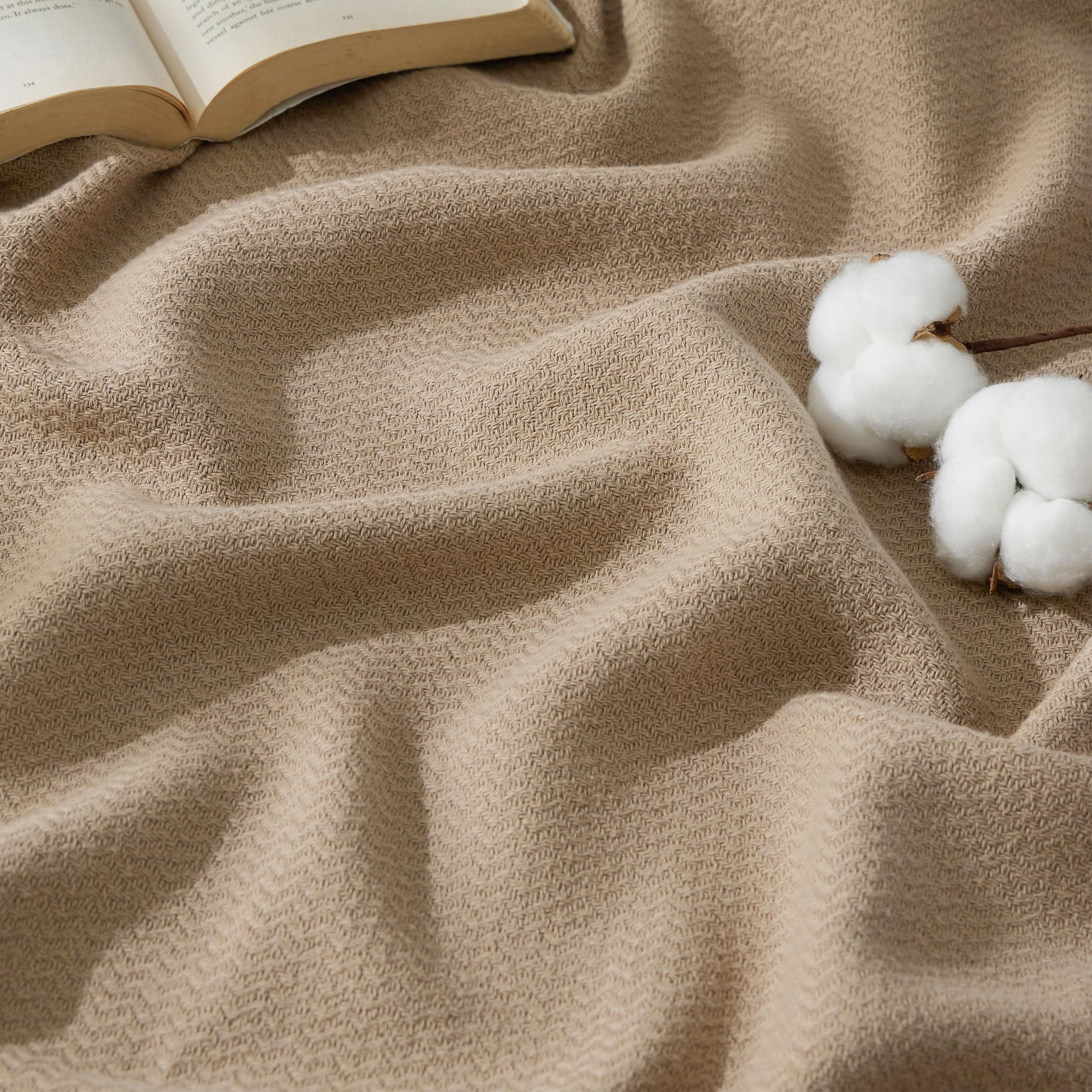 Bedsure GentleSoft 100% Cotton Blanket Queen Size for Bed - Cooling Breathable and Lightweight, Soft Cozy Textured Herringbone Woven Summer Blanket for Home Decor, Linen Beige, 90x90 inches