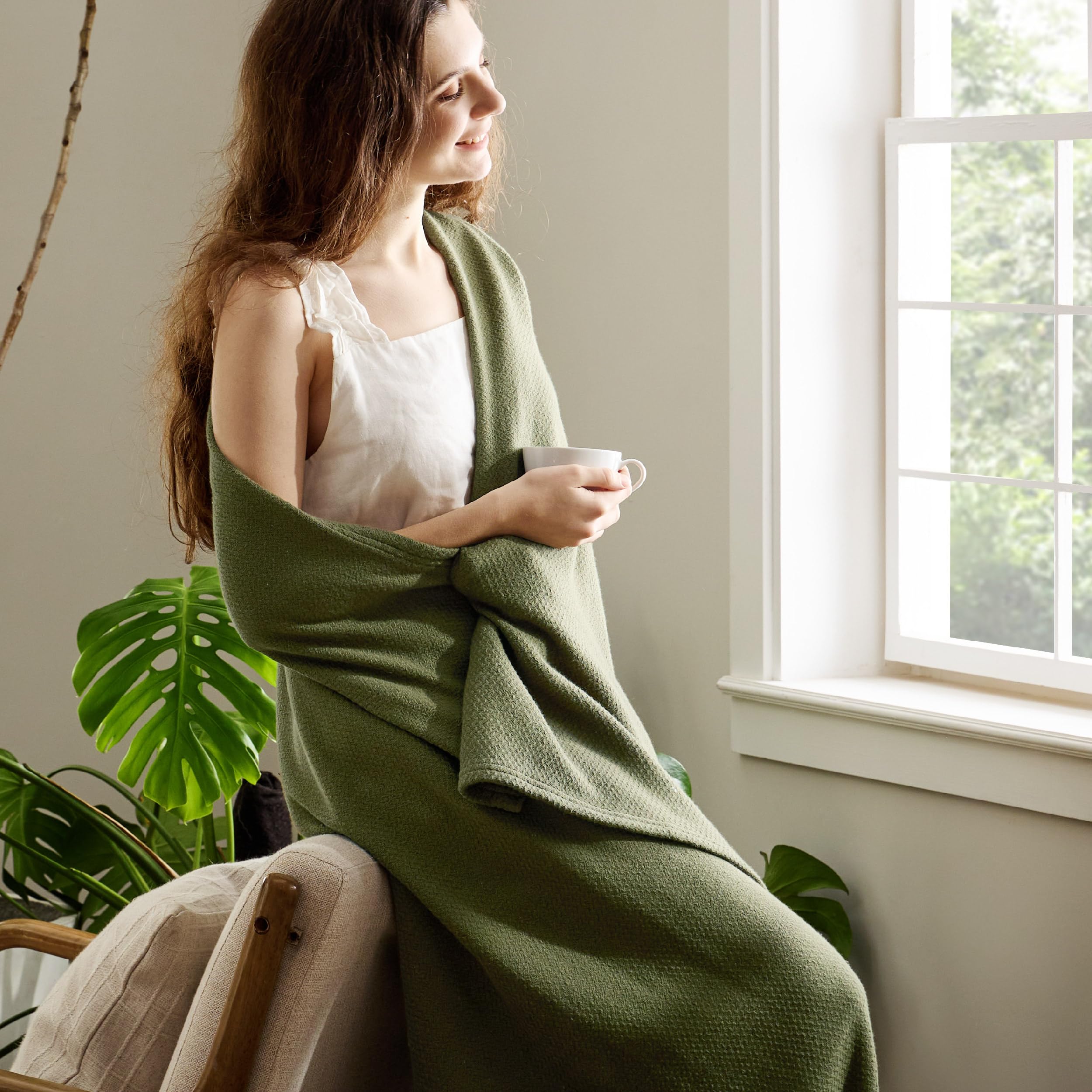 Bedsure GentleSoft 100% Cotton Blanket Queen Size for Bed - Cooling Breathable and Lightweight, Soft Cozy Textured Herringbone Woven Summer Blanket for Home Decor, Linen Beige, 90x90 inches