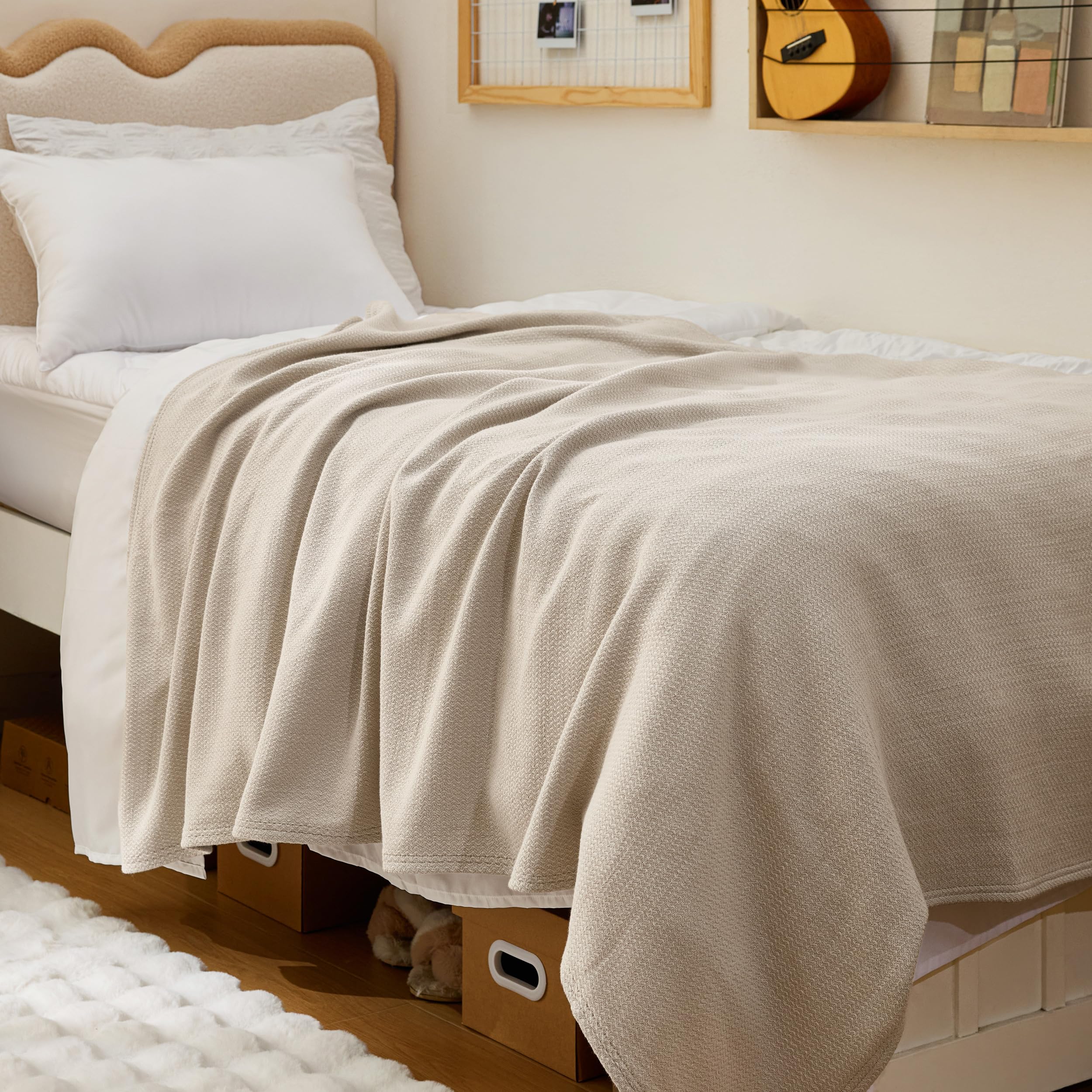 Bedsure GentleSoft 100% Cotton Blanket Queen Size for Bed - Cooling Breathable and Lightweight, Soft Cozy Textured Herringbone Woven Summer Blanket for Home Decor, Linen Beige, 90x90 inches