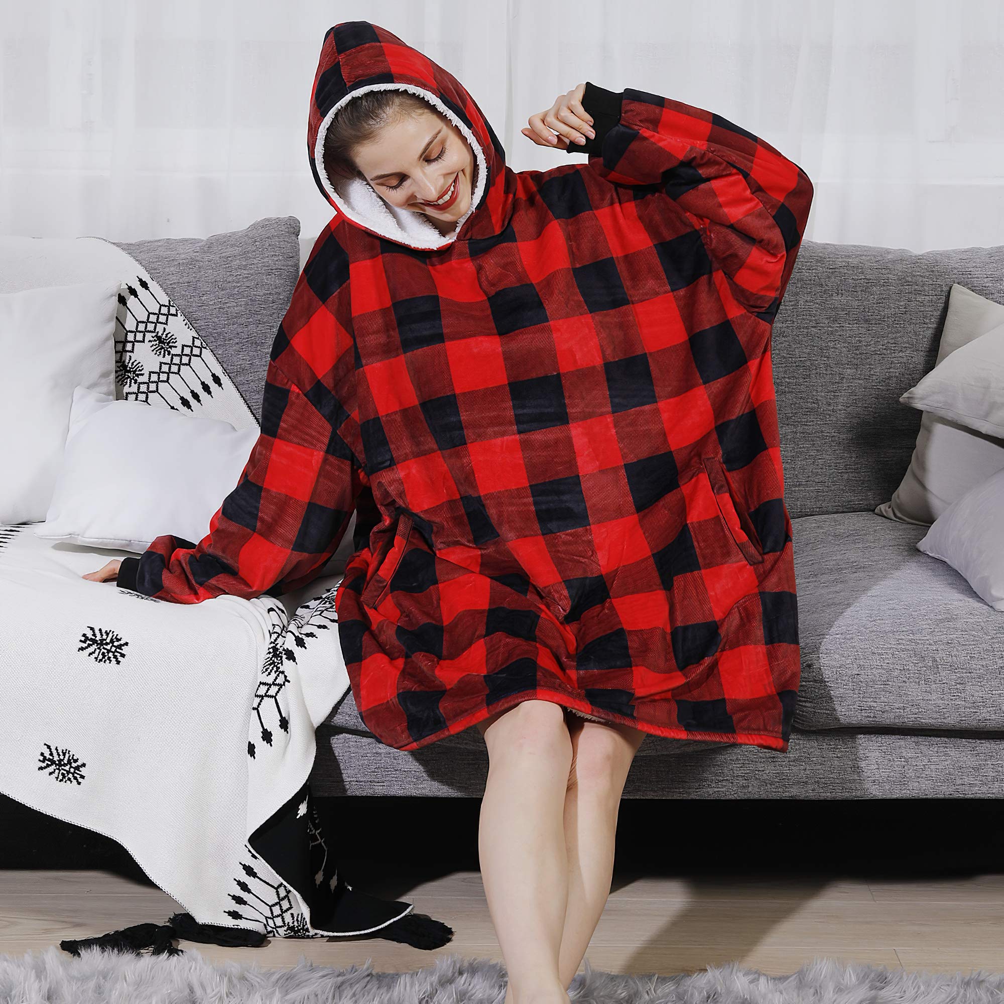 AmyHomie Wearable Blanket Hoodie for Adults & Teens,Oversized Sherpa Hooded Blanket,Warm Cozy Blanket Sweatshirt as Christmas Birthday Gifts for Women Men