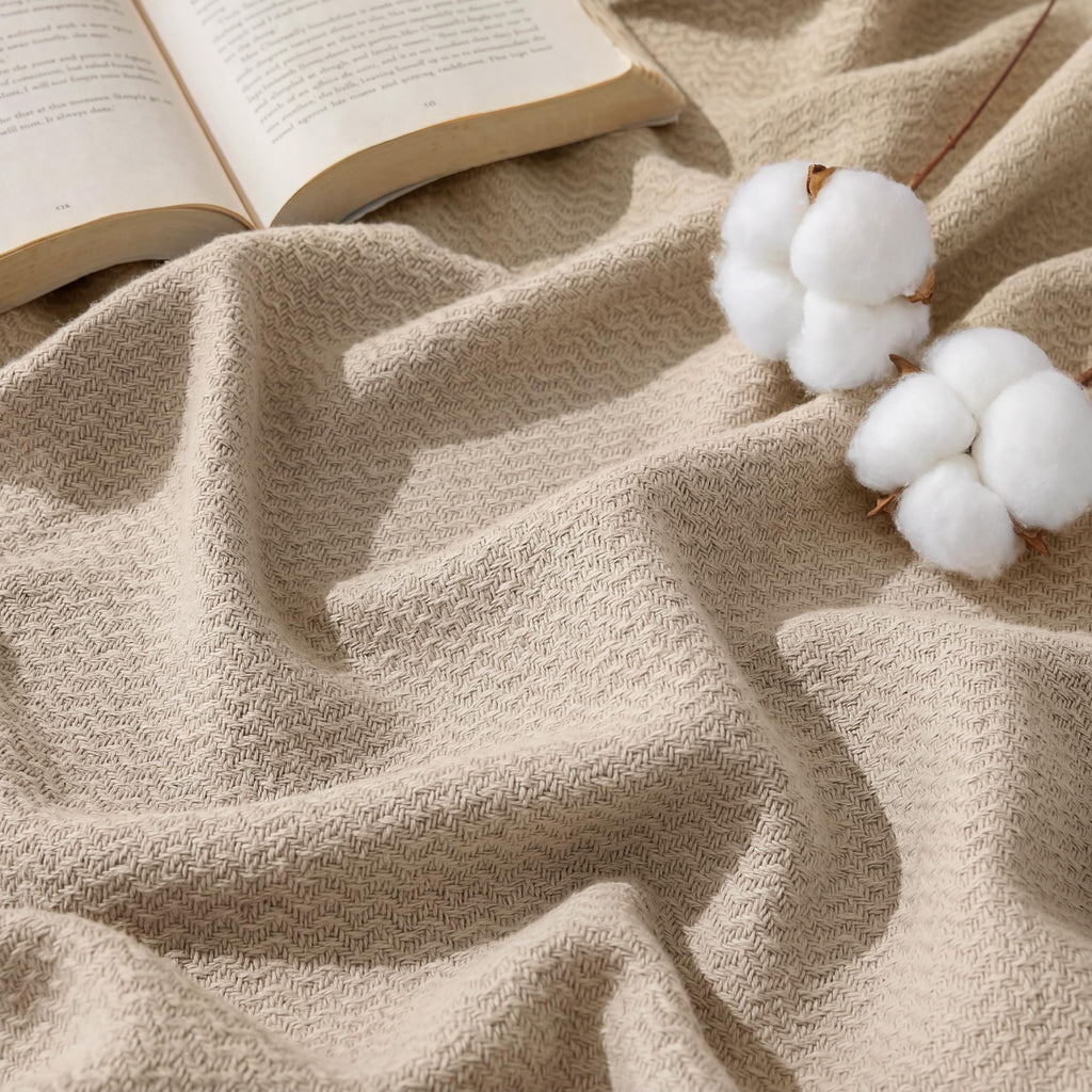 Bedsure GentleSoft 100% Cotton Blanket Queen Size for Bed - Cooling Breathable and Lightweight, Soft Cozy Textured Herringbone Woven Summer Blanket for Home Decor, Linen Beige, 90x90 inches