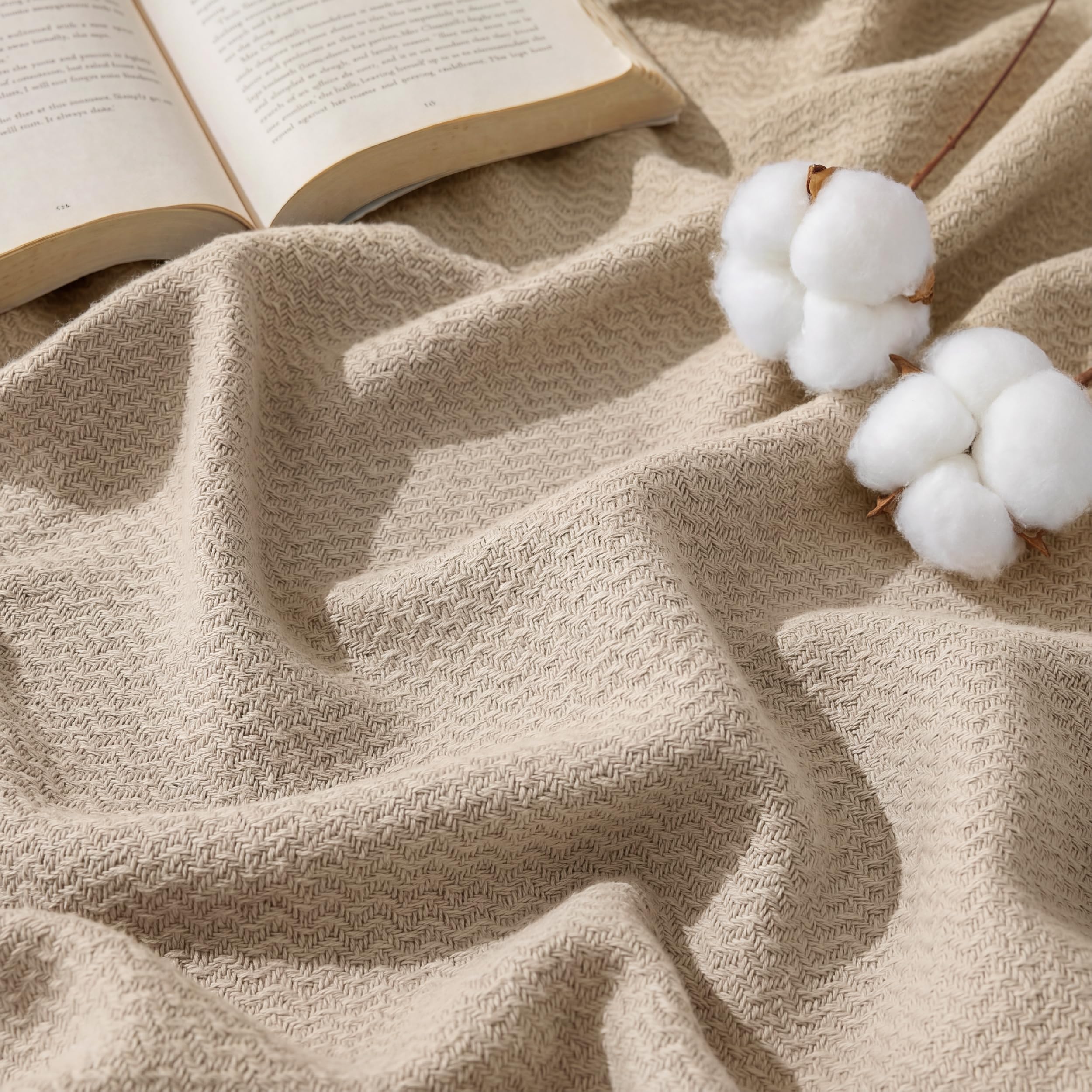 Bedsure GentleSoft 100% Cotton Blanket Queen Size for Bed - Cooling Breathable and Lightweight, Soft Cozy Textured Herringbone Woven Summer Blanket for Home Decor, Linen Beige, 90x90 inches