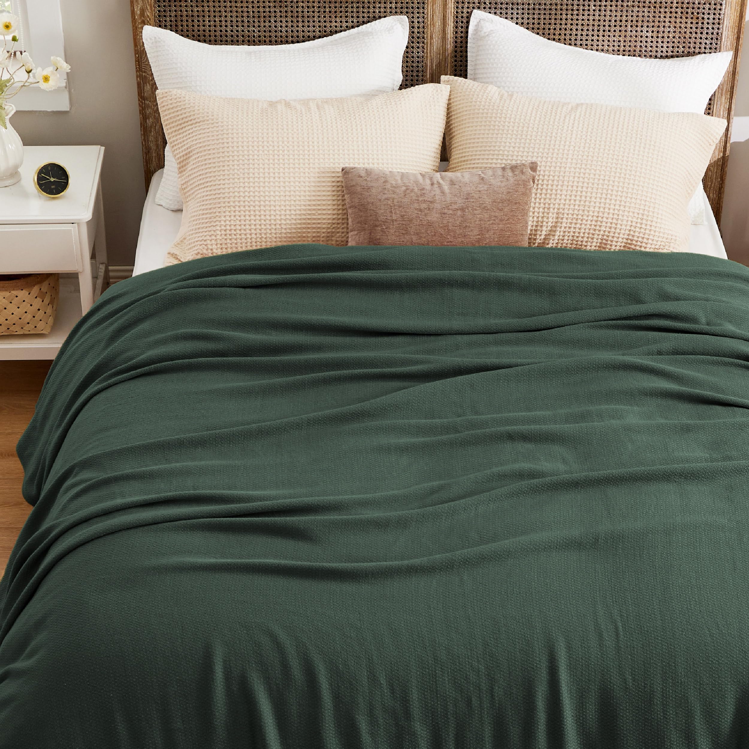 Bedsure GentleSoft 100% Cotton Blanket Queen Size for Bed - Cooling Breathable and Lightweight, Soft Cozy Textured Herringbone Woven Summer Blanket for Home Decor, Linen Beige, 90x90 inches