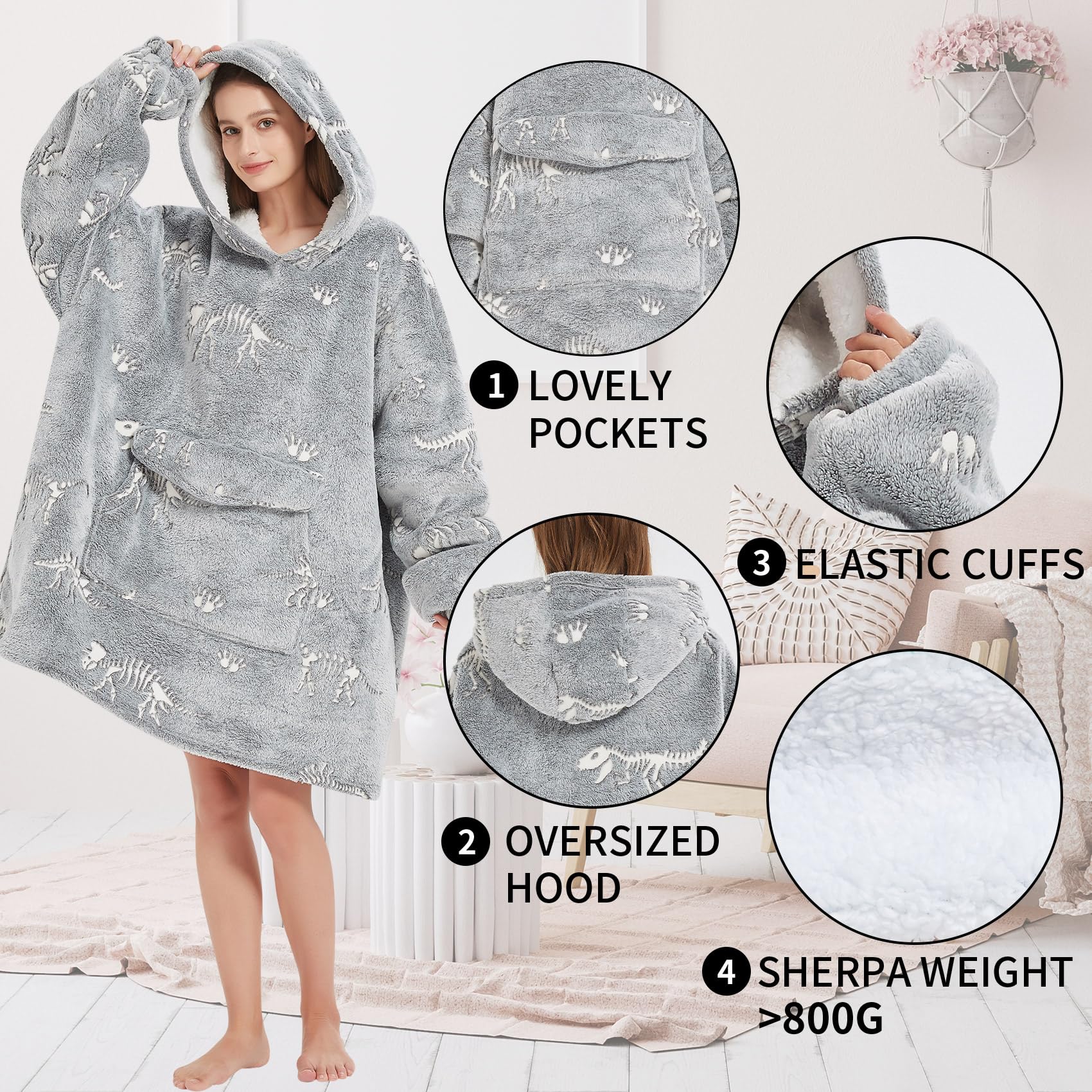 Fiosnow Grey Blanket Hoodies for Women and Men Adult Oversize Wearable Blanket Hoodies for Soft and Warm