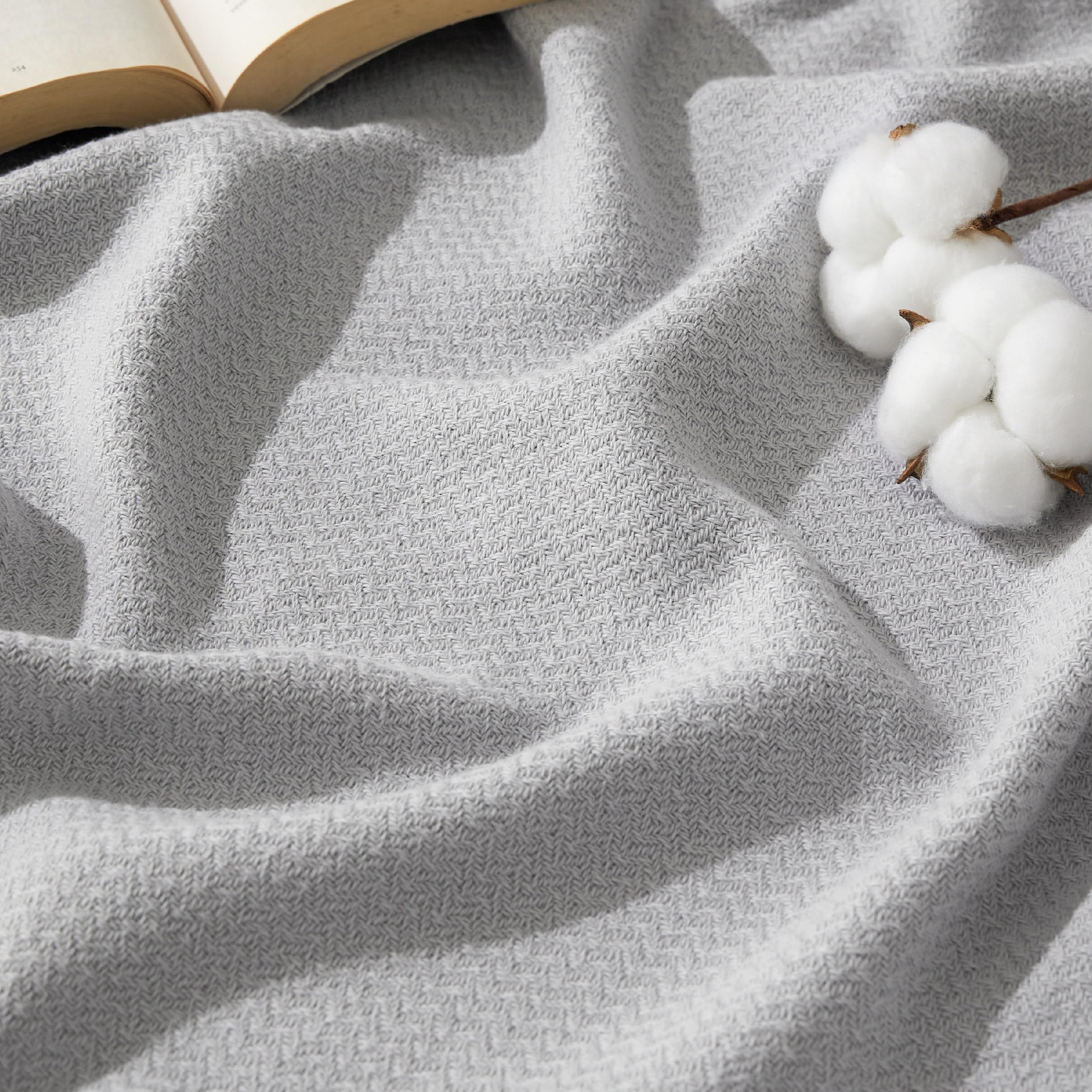 Bedsure GentleSoft 100% Cotton Blanket Queen Size for Bed - Cooling Breathable and Lightweight, Soft Cozy Textured Herringbone Woven Summer Blanket for Home Decor, Linen Beige, 90x90 inches