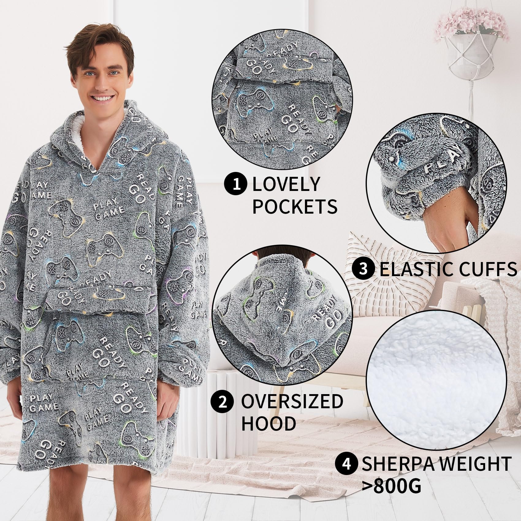 Fiosnow Grey Blanket Hoodies for Women and Men Adult Oversize Wearable Blanket Hoodies for Soft and Warm