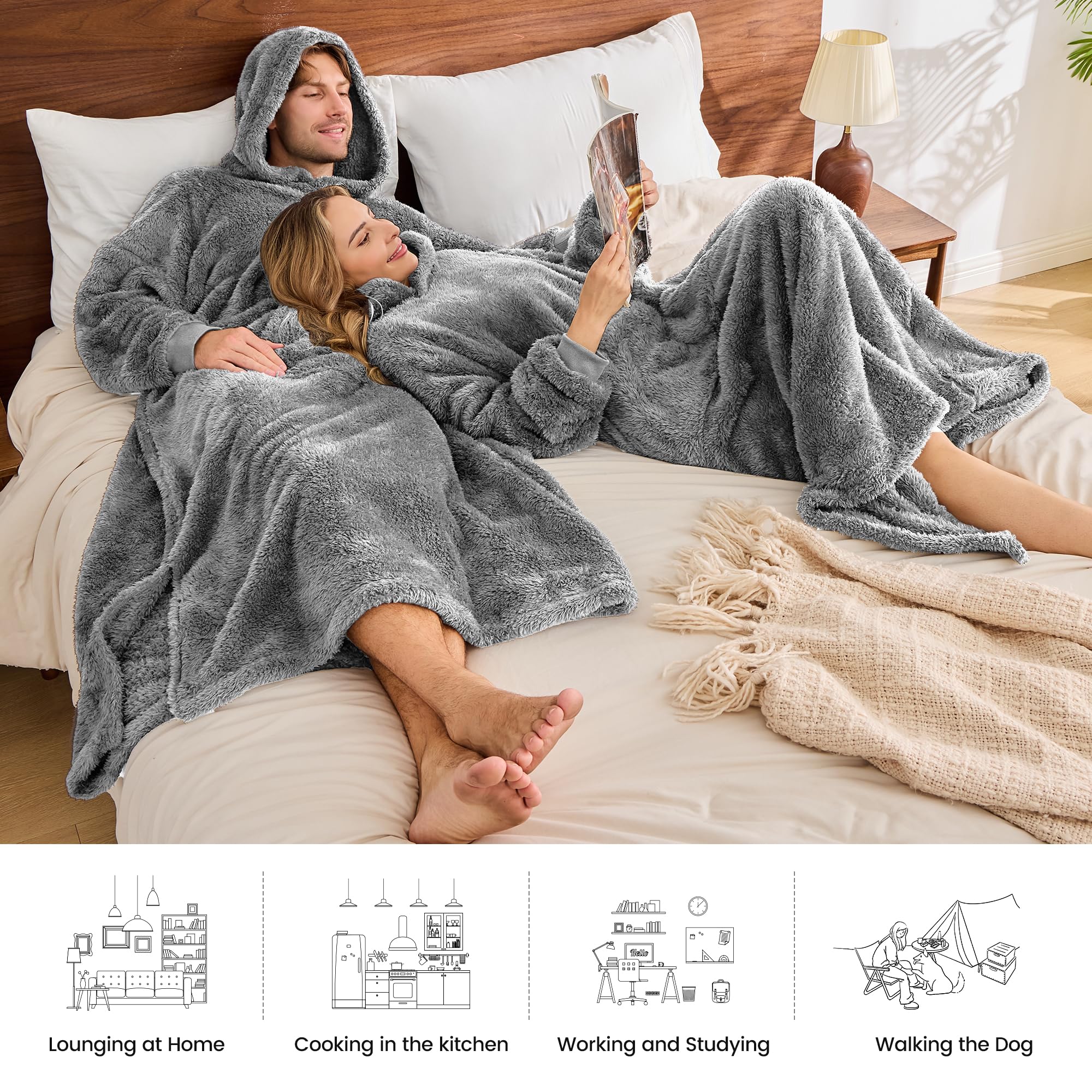 PJGGZ Wearable Blanket Hoodie for Women Men, Fleece Warm Comfy Hooded Sweatshirt with Pockets & Sleeves Cozy Gift for Adult