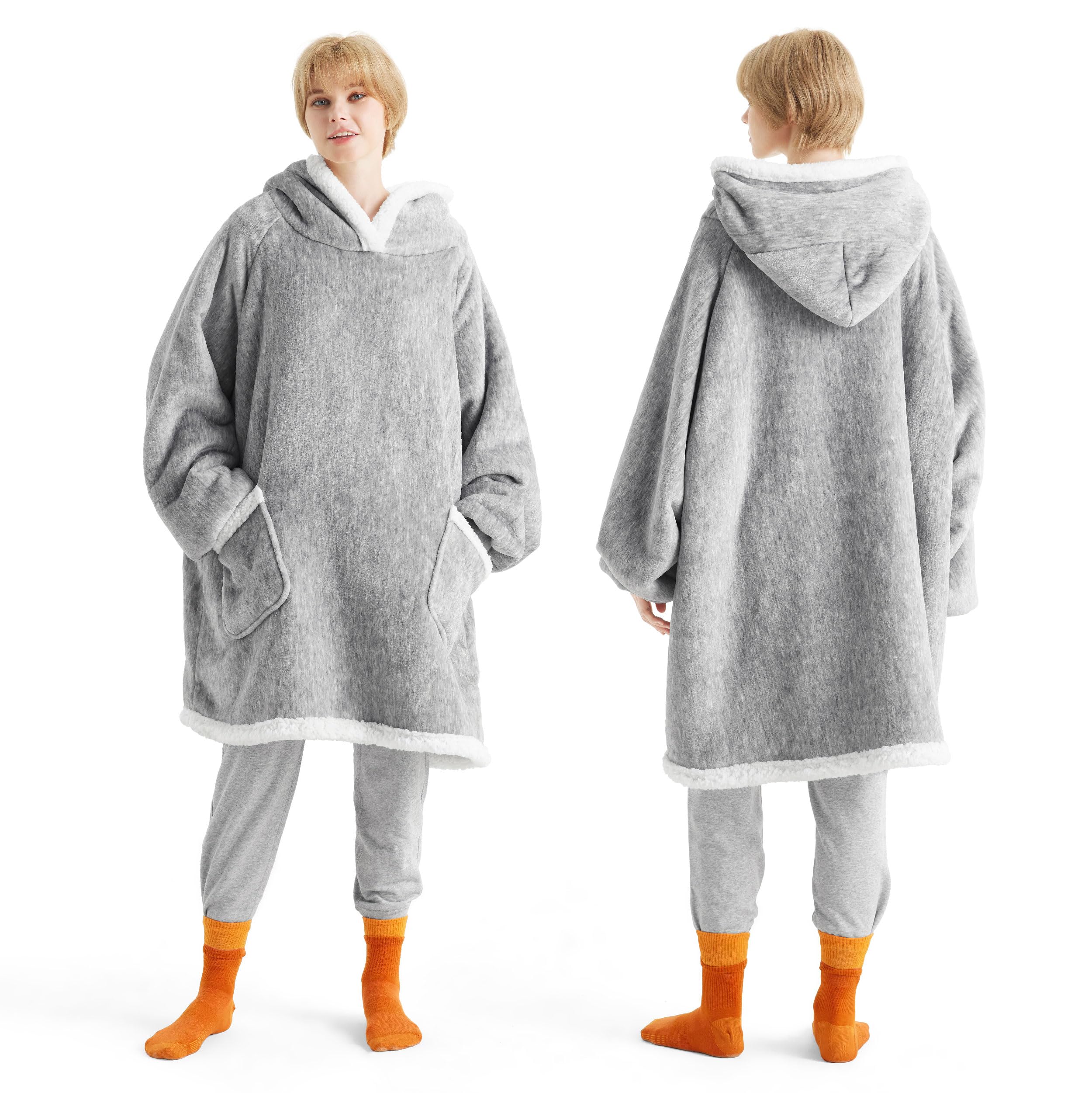 Bedsure Blanket Hoodie, Wearable Blanket Hoodie as Gifts for Mom, Birthday Gifts for Women Kids Teens Mother's Day Sherpa Sweatshirt, Grey, Standard